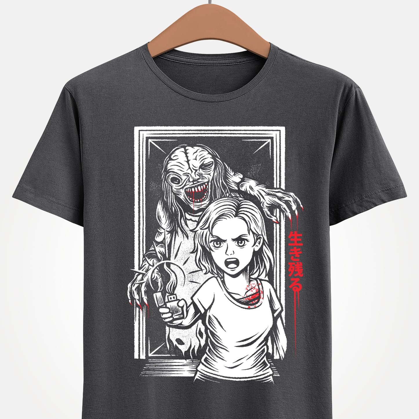 Resident Evil Requiem t-shirt inspired by the survival horror video game also known as Resident Evil 9 or RE9. Featuring protagonist Grace Ashcroft confronting the terrifying boss The Girl, also known as Marie or Subject 170, this design captures the dark atmosphere and psychological horror style of the Resident Evil series. Perfect survival horror gamer merch for fans of Resident Evil, horror video games.