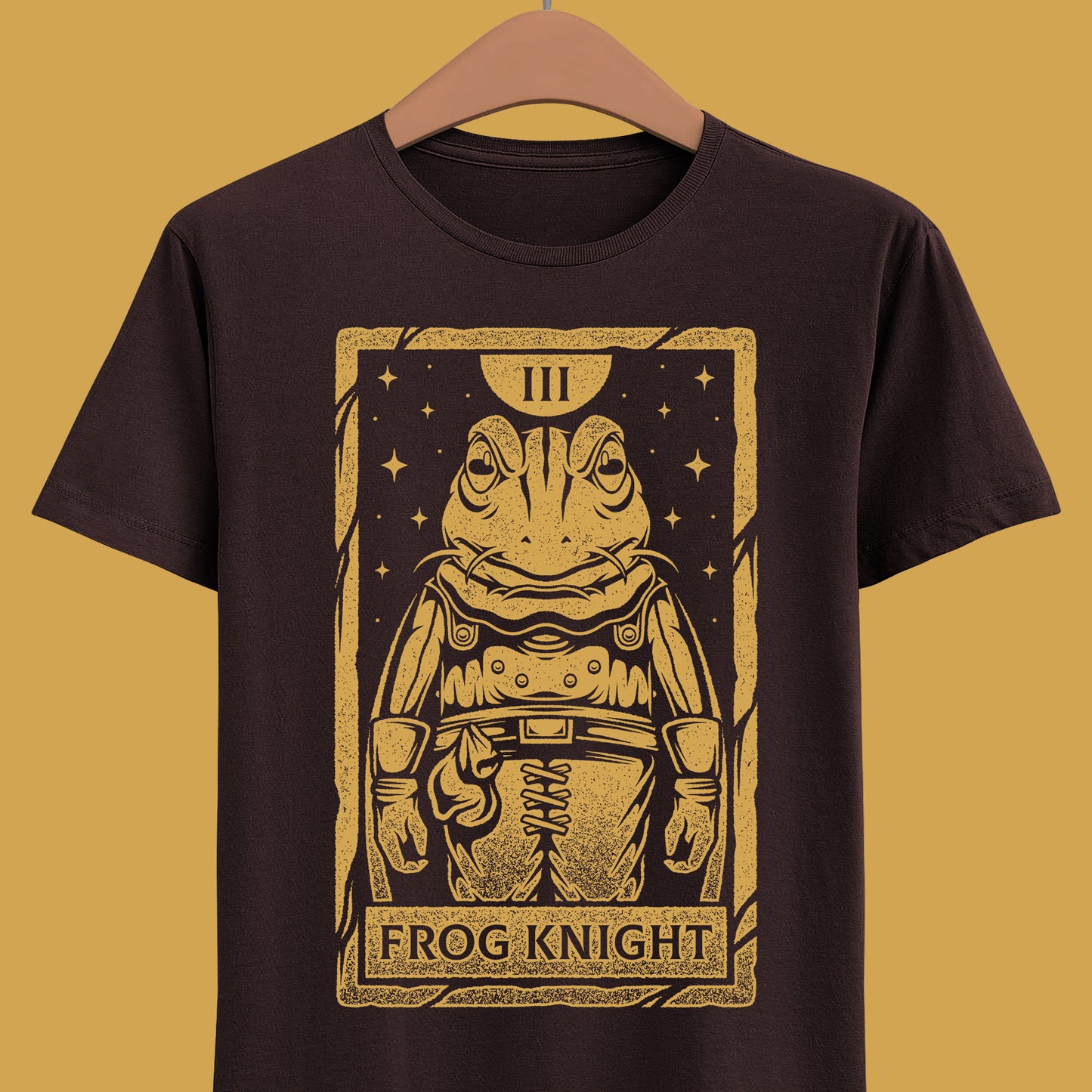 Glenn Frog Chrono Trigger tarot t-shirt inspired by the classic JRPG Chrono Trigger, originally released on SNES and PlayStation. Retro gaming apparel featuring a vintage tarot card illustration of Frog in a one-ink monochrome style. Nostalgic retrogaming design ideal for fans of Chrono Trigger merch, JRPG t-shirts, RPG video games, medieval fantasy characters, and classic SNES and PS1 gaming culture. Perfect collector shirt for retro RPG and vintage art lovers. Glenn frog chrono trigger t-shirt