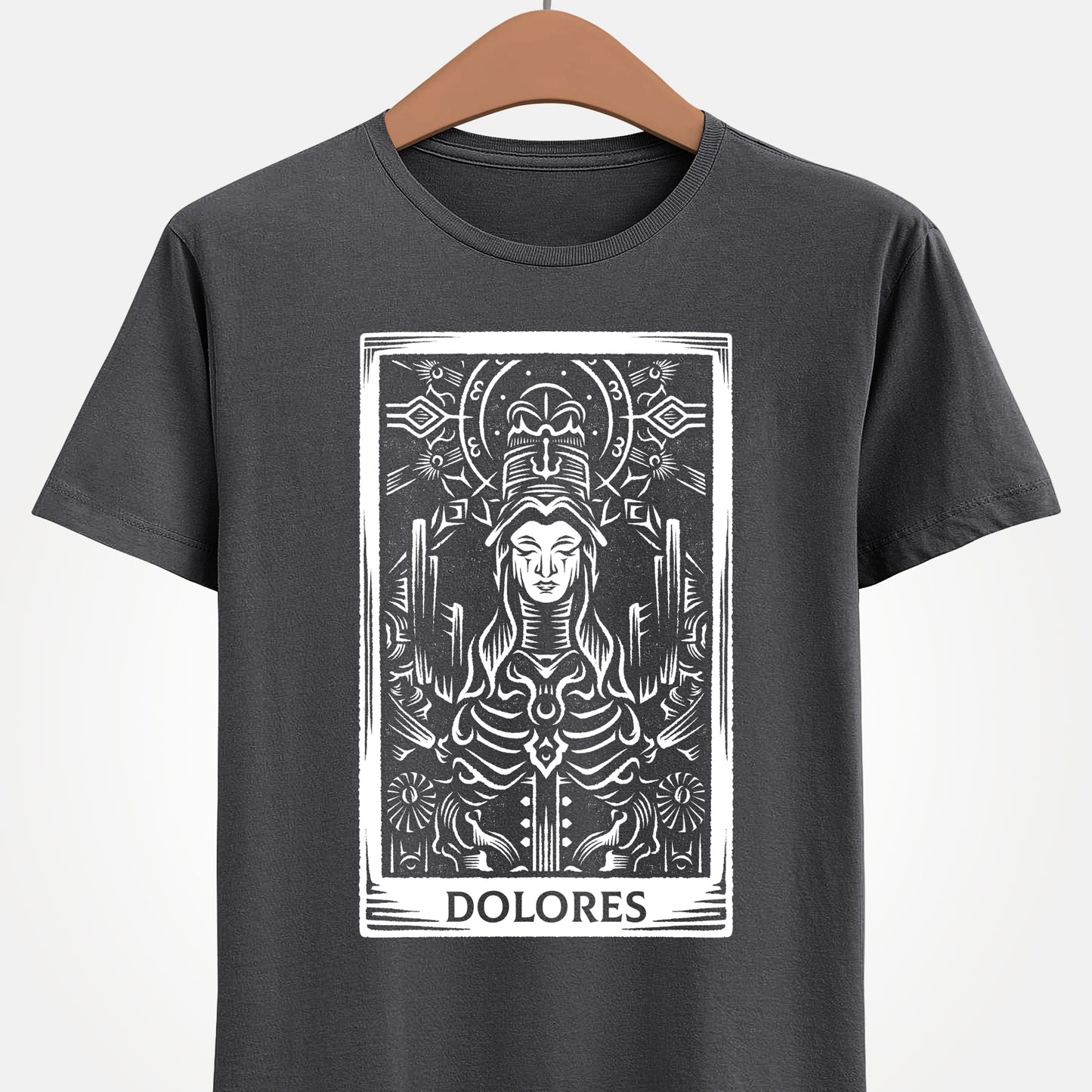Madre Dolores tarot card t-shirt inspired by Crisol Theater of Idols, gothic horror dark fantasy tarot design featuring the mysterious character in occult tarot card style artwork.