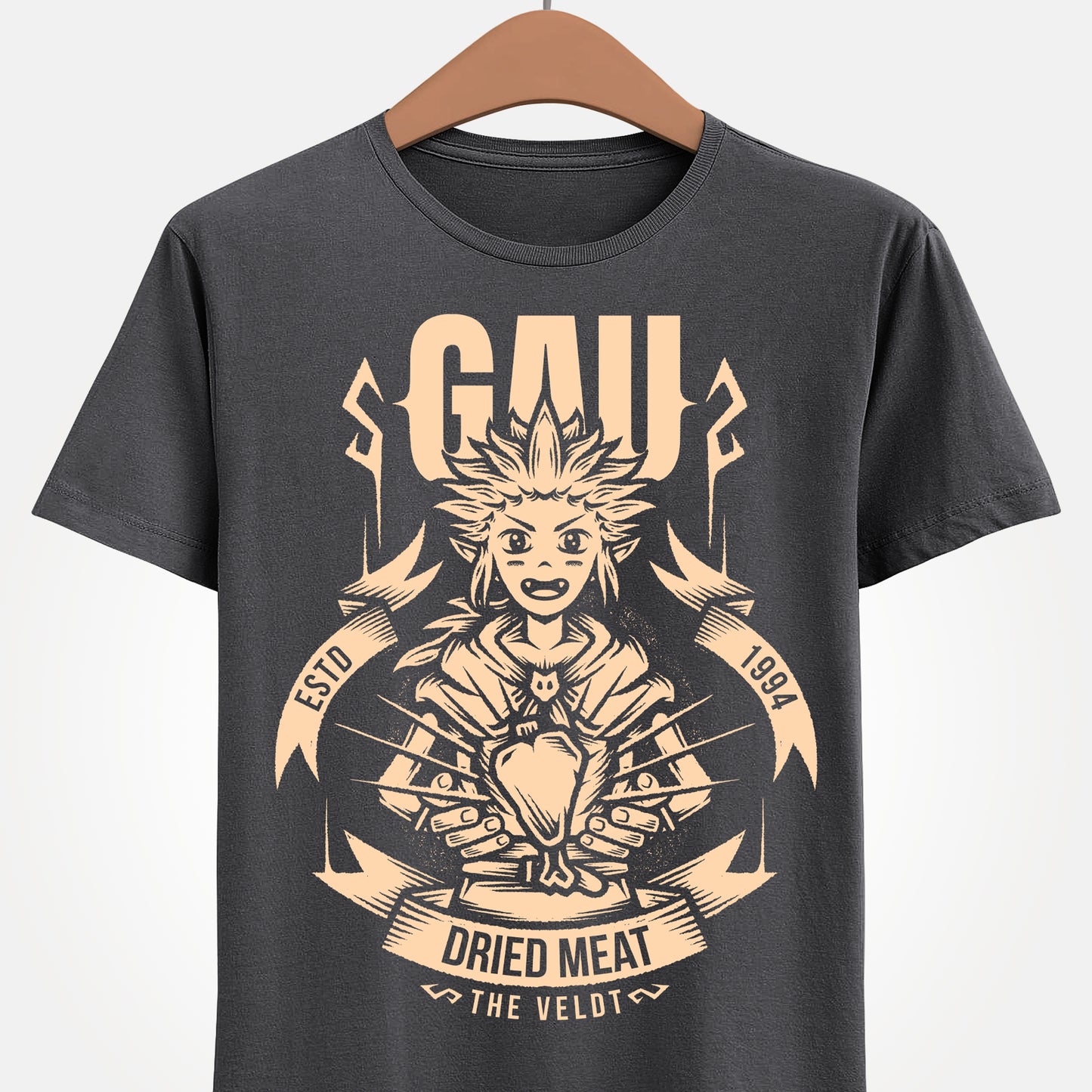 Gau Final Fantasy VI t-shirt featuring the Veldt recruitment scene with Sabin and Cyan using dried meat in the classic FF6 retro RPG. Perfect tee for Final Fantasy 6 gamers who wants unique merch.