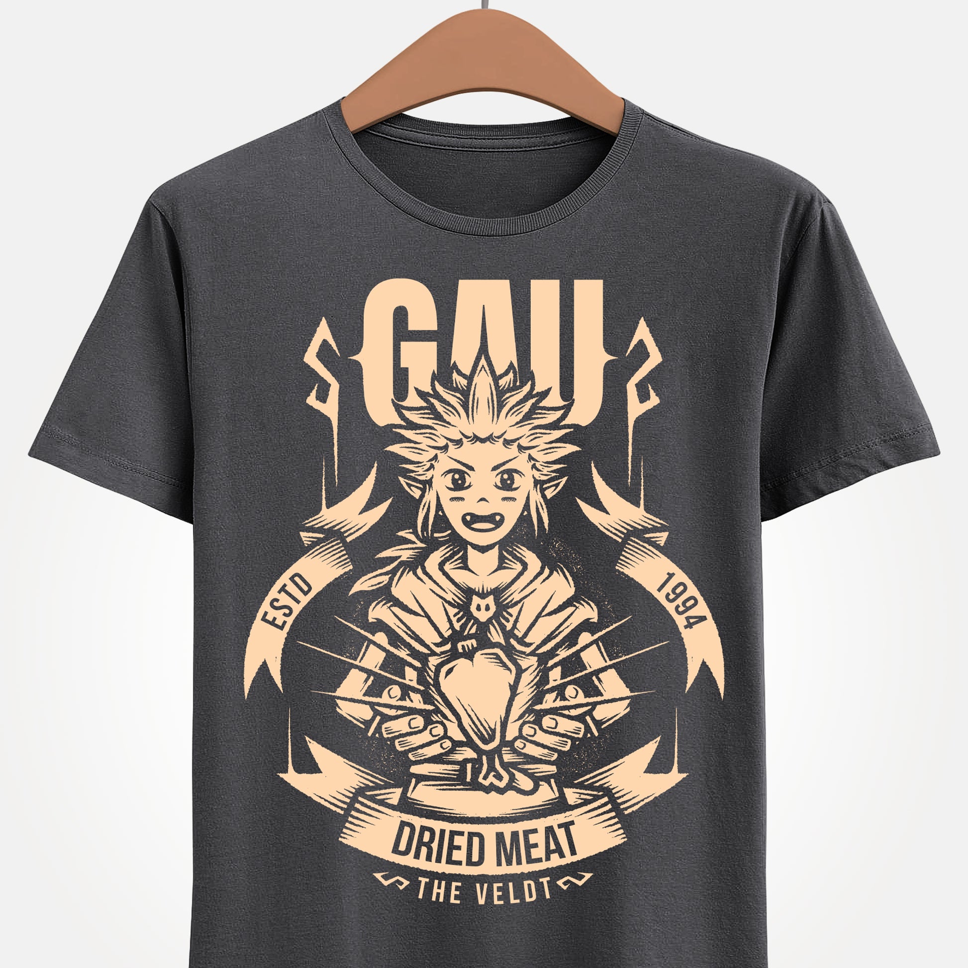 Gau Final Fantasy VI t-shirt featuring the Veldt recruitment scene with Sabin and Cyan using dried meat in the classic FF6 retro RPG. Perfect tee for Final Fantasy 6 gamers who wants unique merch.
