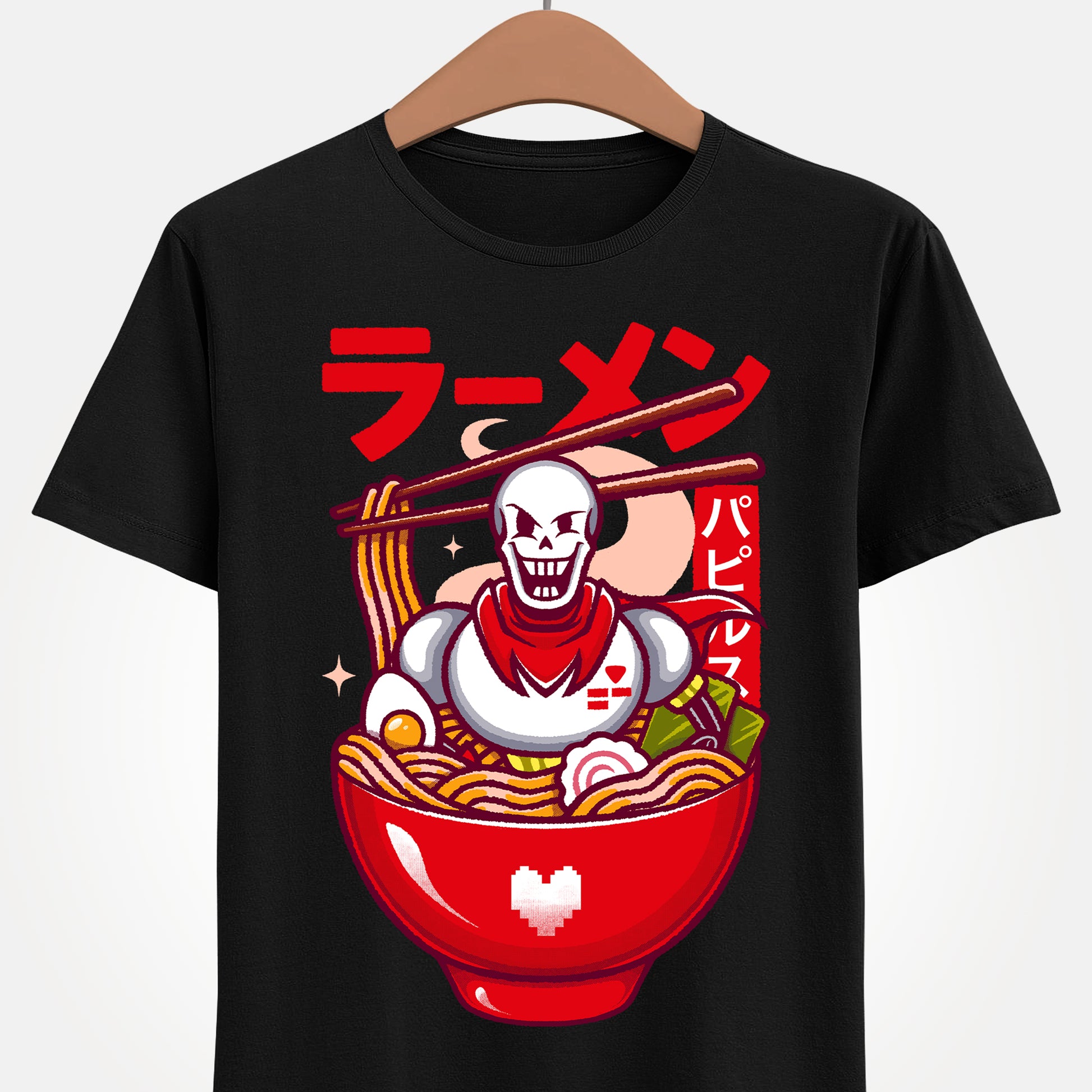 Image of a Papyrus T-shirt inspired by the indie game Undertale, featuring Papyrus sitting inside a Japanese ramen bowl in a cute kawaii art style. The design includes noodles, chopsticks and bright manga-style colors, perfect for fans of Papyrus, Sans, Undyne and the Undertale cast. Ideal for gamers who love Japanese food, ramen-themed apparel, geek culture, and unique Undertale merch with a playful aesthetic. papyrus undertale t-shirt, papyrus undertale video game merch, papyrus undertale tee