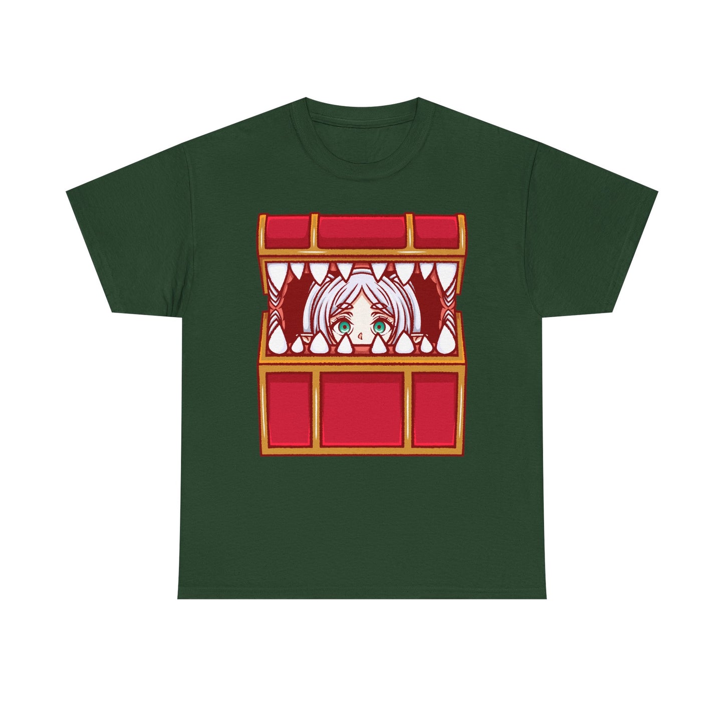Frieren Mimic t-shirt inspired by Sōsō no Frieren: Beyond Journey’s End, featuring the elf mage protagonist being playfully eaten by a treasure chest mimic in a cute kawaii art style. This unisex anime shirt captures the viral meme loved by fans across the internet. Perfect fantasy anime merch for collectors, otaku enthusiasts, and fans of Frieren who enjoy funny dungeon moments and RPG-inspired designs.