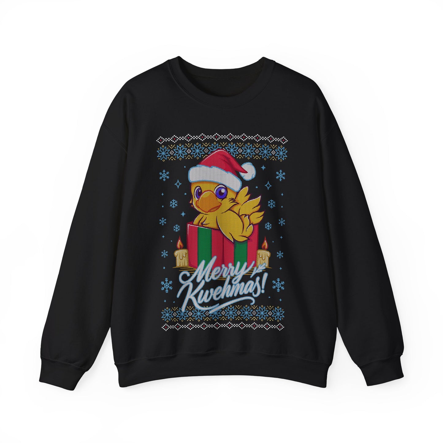 High-quality crewneck sweatshirt featuring a cute Chocobo from the Final Fantasy series sitting inside a Christmas gift box and wearing a festive Santa hat. The design blends JRPG charm with adorable holiday aesthetics, perfect for fans of Chocobos, Christmas gaming apparel, and cute kawaii art. Ideal for gifting, collectors, and gamers who love cozy festive clothing. Soft unisex holiday crewneck for everyday winter wear. cute chocobo kawaii crewneck, final fantasy christmas crewneck sweatshirt
