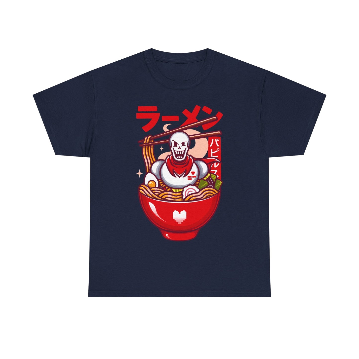 Image of a Papyrus T-shirt inspired by the indie game Undertale, featuring Papyrus sitting inside a Japanese ramen bowl in a cute kawaii art style. The design includes noodles, chopsticks and bright manga-style colors, perfect for fans of Papyrus, Sans, Undyne and the Undertale cast. Ideal for gamers who love Japanese food, ramen-themed apparel, geek culture, and unique Undertale merch with a playful aesthetic. papyrus undertale t-shirt, papyrus undertale video game merch, papyrus undertale tee