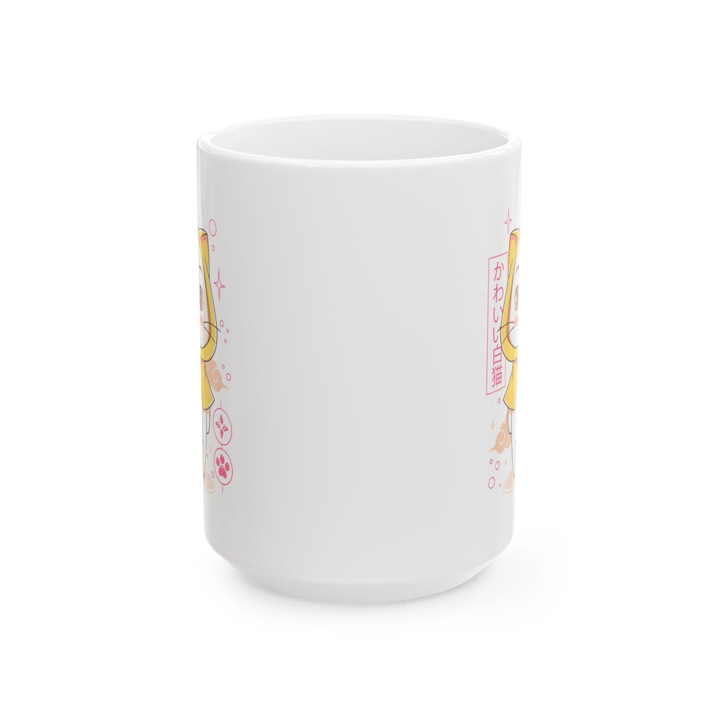 White Cat with Yellow Cape Ceramic Coffee Cups, 11oz, 15oz