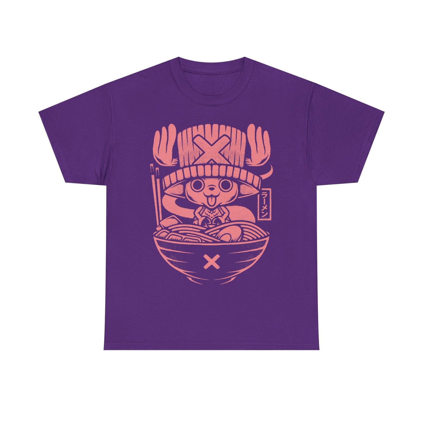 Tony Tony Chopper One Piece ramen t-shirt featuring the Straw Hat pirate doctor inside a Japanese noodle bowl in kawaii foodie anime style.