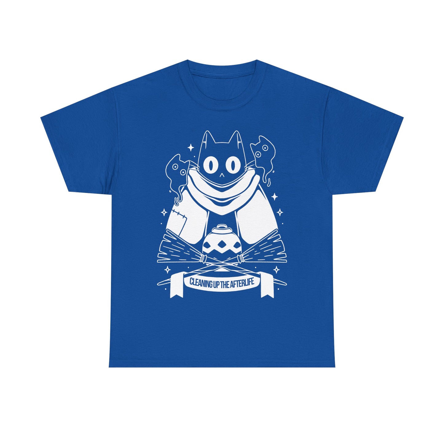 Crypt Custodian Cleaning Up the Afterlife t-shirt inspired by the indie metroidvania game starring Pluto, the mischievous ghost cat sentenced to clean the afterworld forever. This unisex gamer shirt captures the spooky cute charm and dark fantasy atmosphere of the game, blending cozy aesthetics with supernatural adventure. Perfect indie game merch for metroidvania fans, collectors, and gamers who love unique character-driven titles.