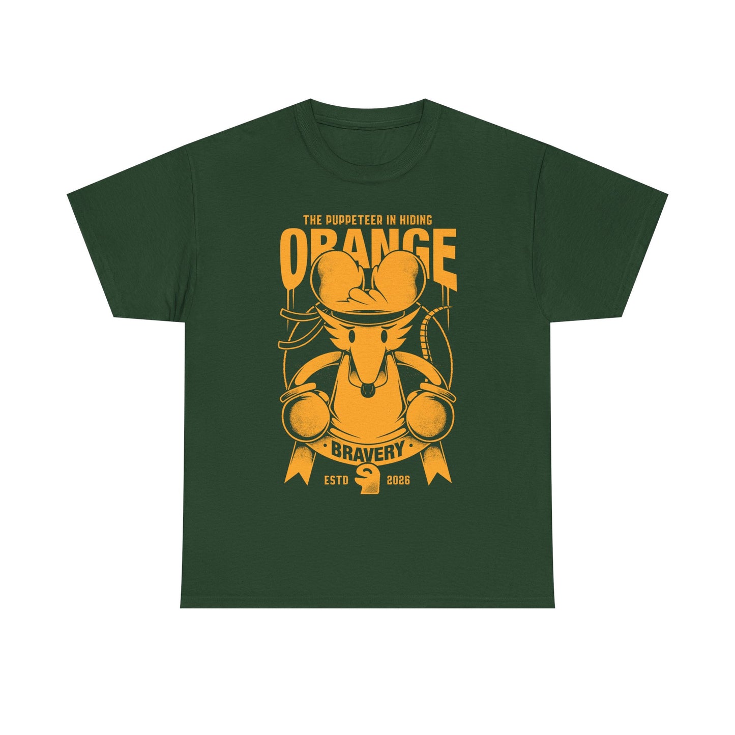 Orange Flower t-shirt inspired by Deltarune Chapter 5 featuring the Bravery SOUL flower with hidden puppeteer references in a vintage emblem style.