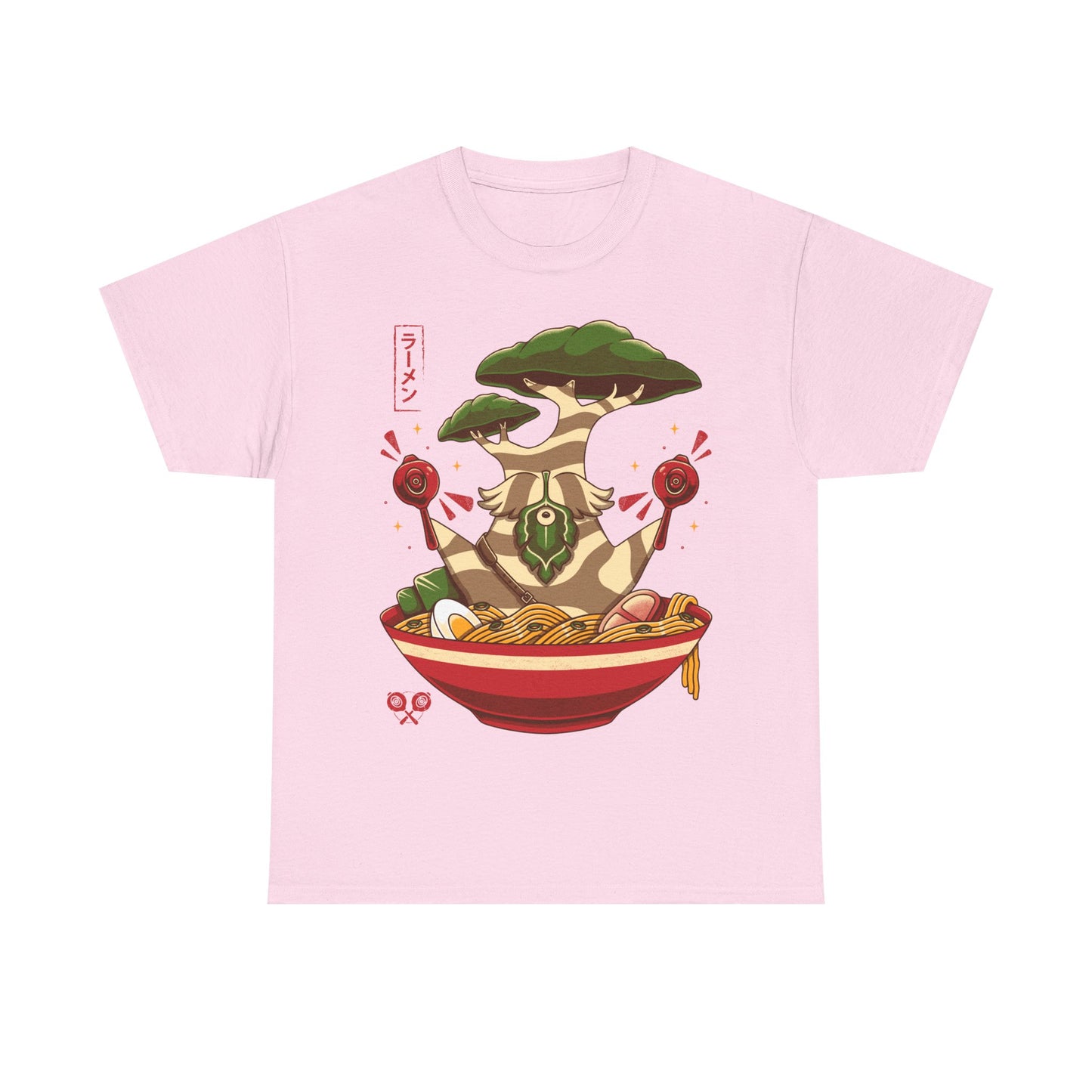 Hestu Korok t-shirt from The Legend of Zelda Breath of the Wild featuring Hestu doing the Shalaka Dance inside a ramen noodle bowl in cute gamer style.