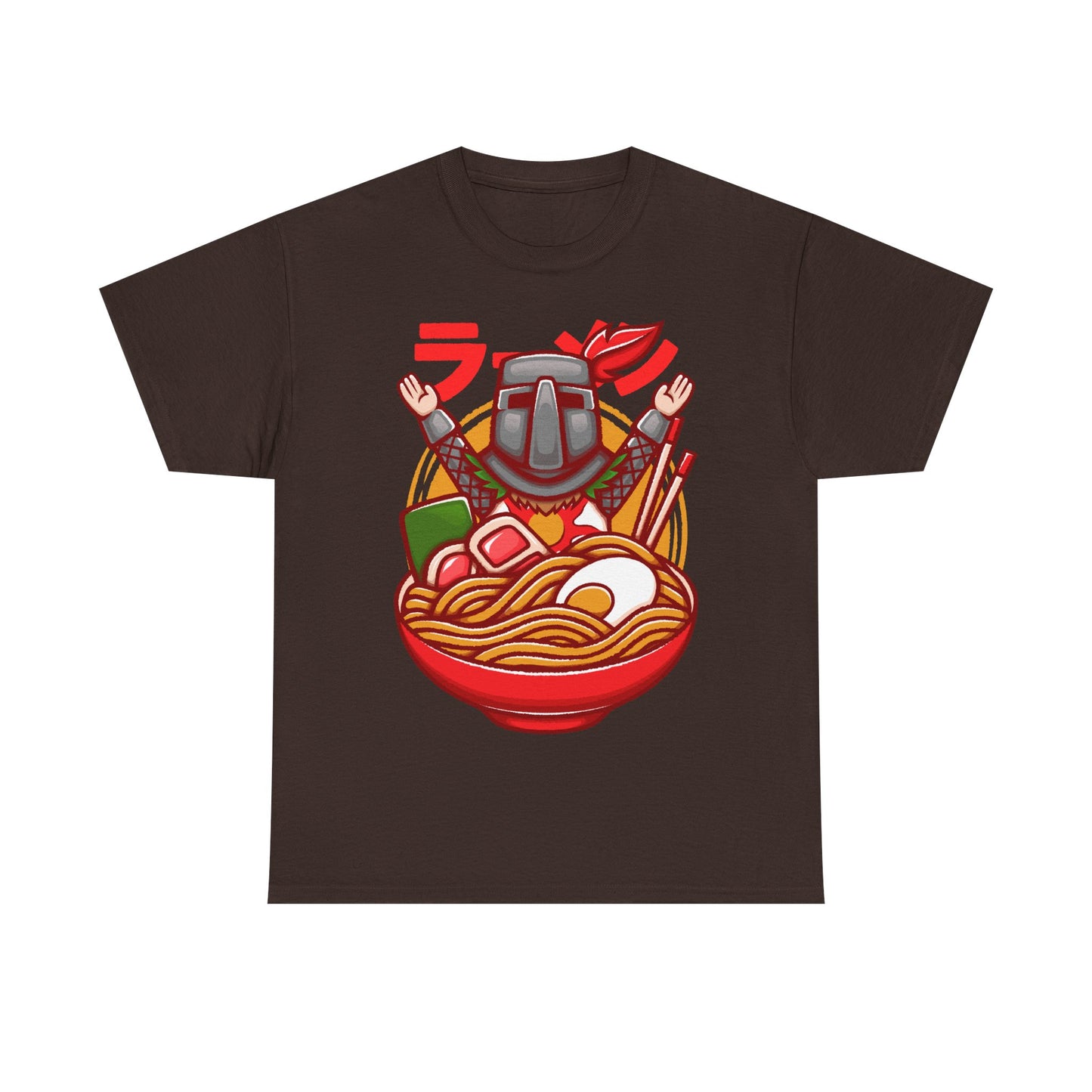 Solaire of Astora ramen t-shirt inspired by Dark Souls, featuring the iconic knight inside a stylized ramen bowl in a fun fantasy art style. This unisex gamer shirt blends action RPG energy with cozy Japanese ramen aesthetics. Perfect for fans of Dark Souls, Dark Souls II, Dark Souls III, Bloodborne, and Elden Ring. Ideal soulslike merch for collectors, FromSoftware fans, and gamers who love unique fantasy designs.