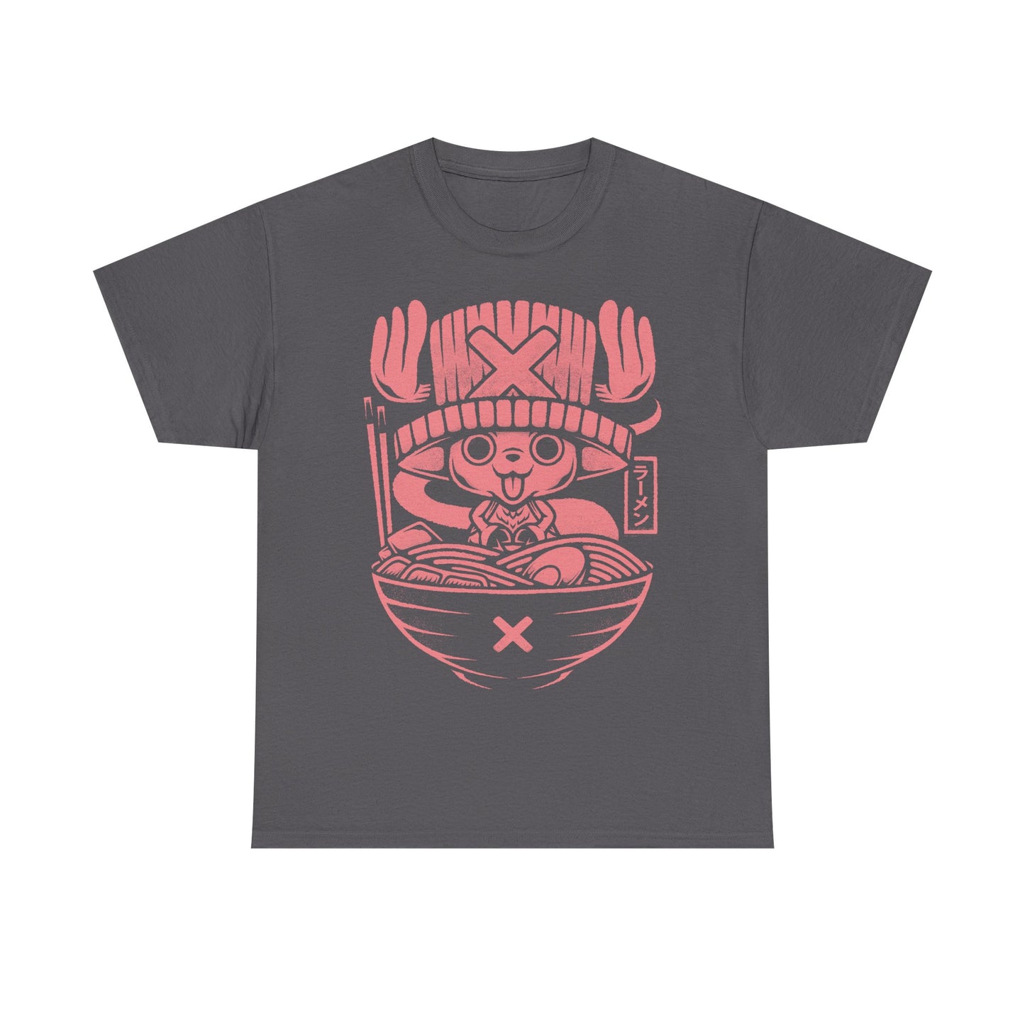 Tony Tony Chopper One Piece ramen t-shirt featuring the Straw Hat pirate doctor inside a Japanese noodle bowl in kawaii foodie anime style.
