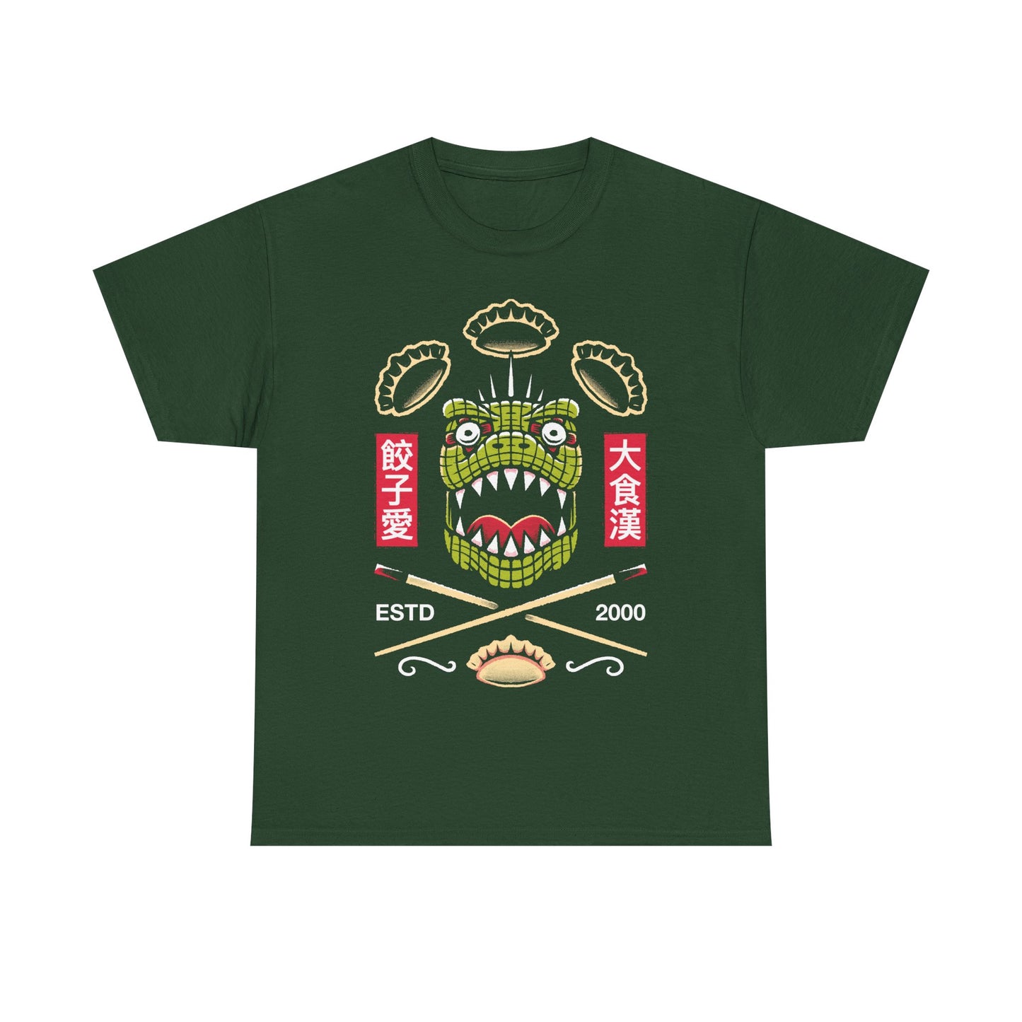 Kaiman Dorohedoro anime t-shirt featuring crossed Japanese chopsticks and gyozas in foodie anime streetwear style.