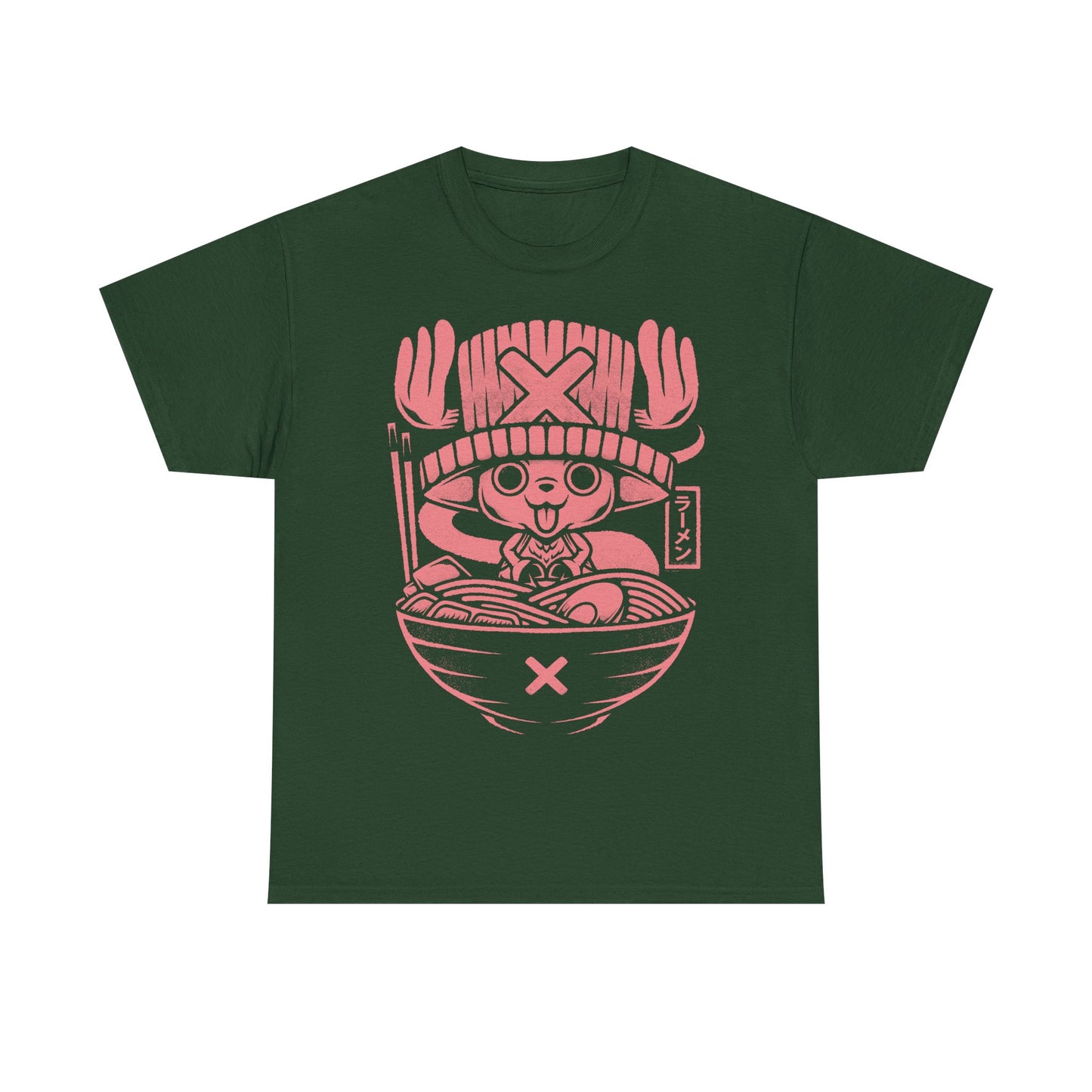 Tony Tony Chopper One Piece ramen t-shirt featuring the Straw Hat pirate doctor inside a Japanese noodle bowl in kawaii foodie anime style.