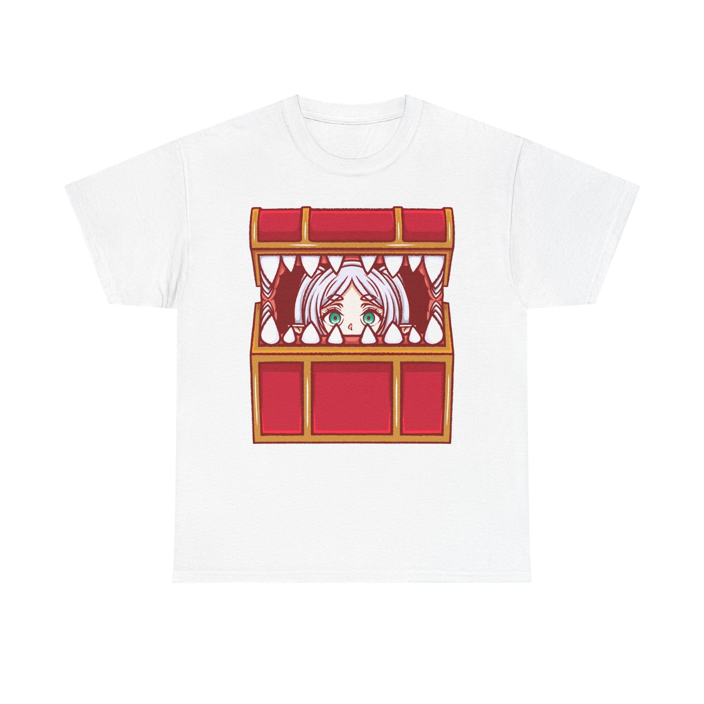 Frieren Mimic t-shirt inspired by Sōsō no Frieren: Beyond Journey’s End, featuring the elf mage protagonist being playfully eaten by a treasure chest mimic in a cute kawaii art style. This unisex anime shirt captures the viral meme loved by fans across the internet. Perfect fantasy anime merch for collectors, otaku enthusiasts, and fans of Frieren who enjoy funny dungeon moments and RPG-inspired designs.