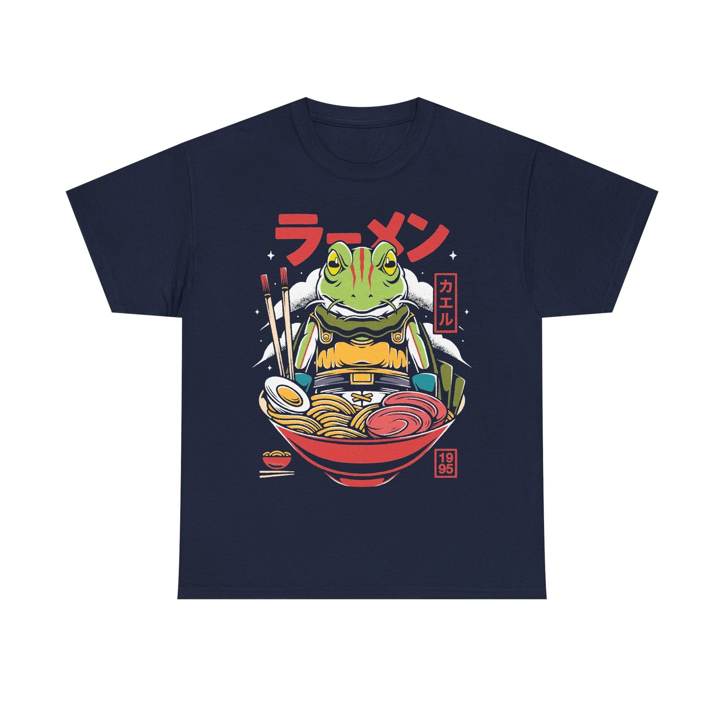 Chrono Trigger Glenn Frog ramen t-shirt featuring the Frog Knight inside a Japanese ramen bowl