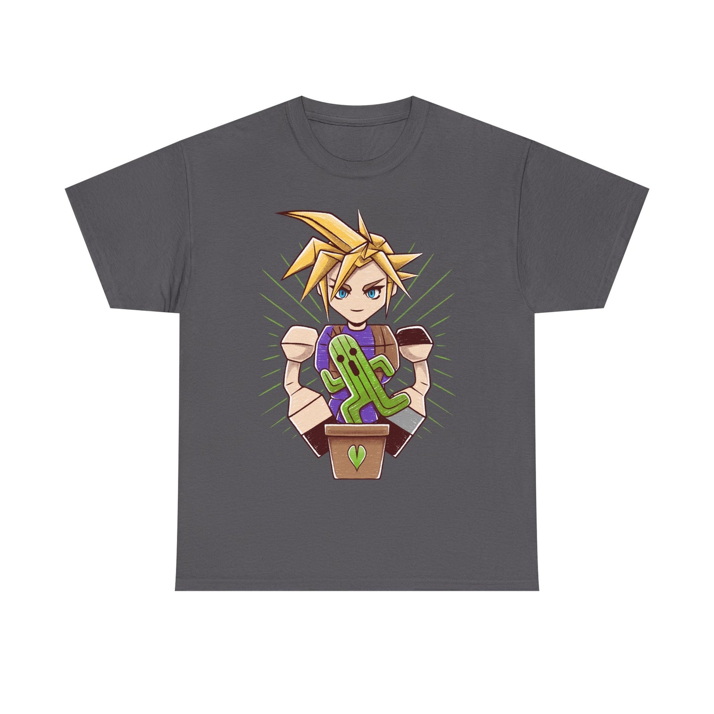 Final Fantasy VII t-shirt featuring Cloud Strife caring for a garden of Cactuars inspired by the legendary 10,000 Needles attack.