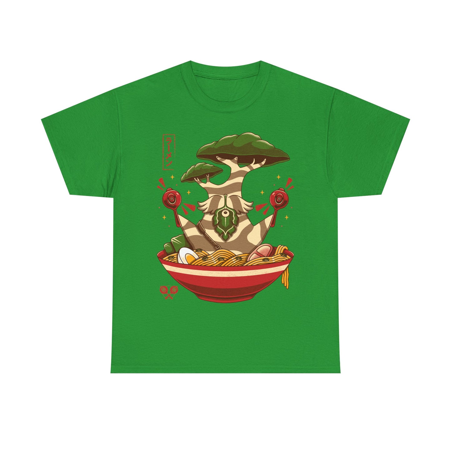 Hestu Korok t-shirt from The Legend of Zelda Breath of the Wild featuring Hestu doing the Shalaka Dance inside a ramen noodle bowl in cute gamer style.