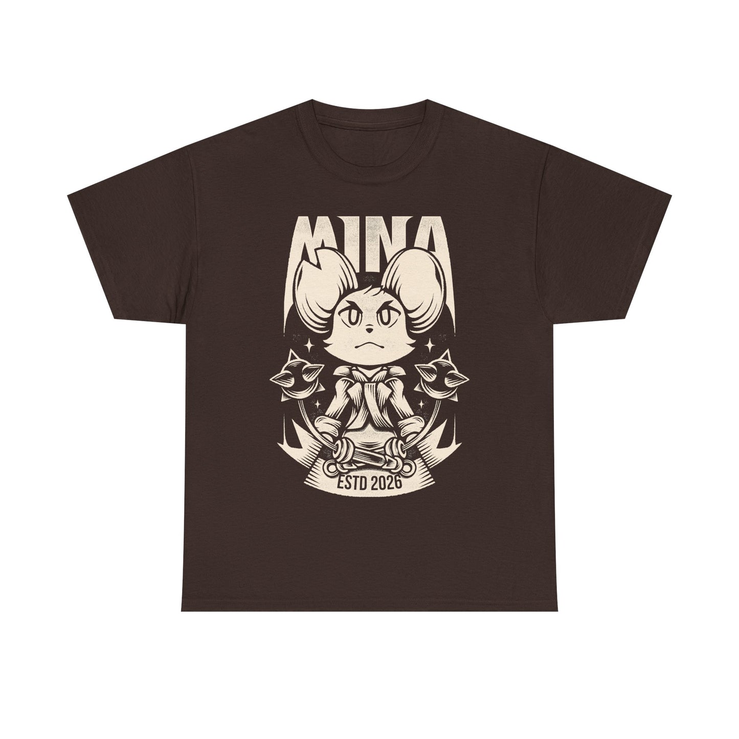 Mina the Hollower t-shirt featuring Mina wielding the Nightstar Whip in a gothic pixel art indie action RPG inspired design set in Tenebrous Isle.