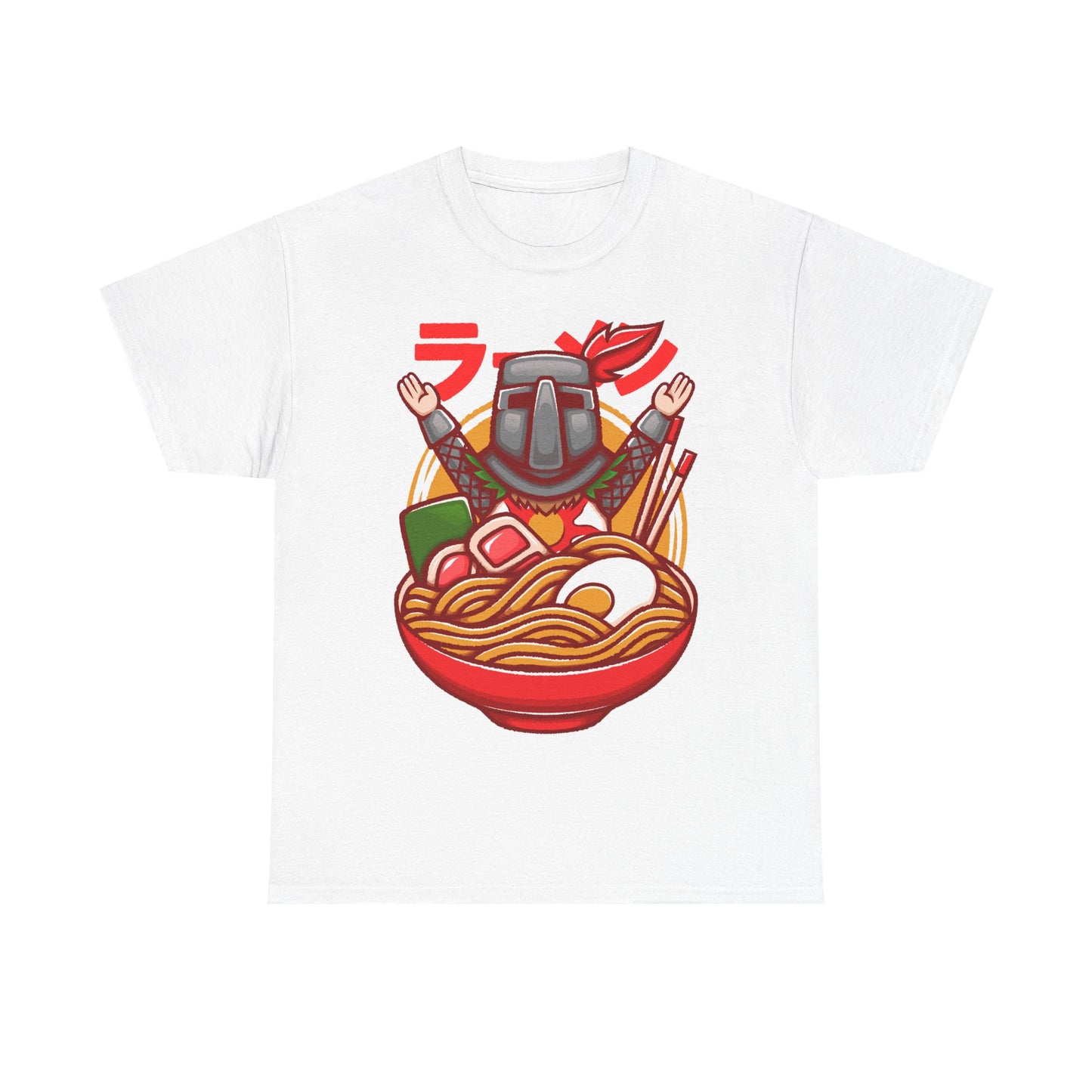 Solaire of Astora ramen t-shirt inspired by Dark Souls, featuring the iconic knight inside a stylized ramen bowl in a fun fantasy art style. This unisex gamer shirt blends action RPG energy with cozy Japanese ramen aesthetics. Perfect for fans of Dark Souls, Dark Souls II, Dark Souls III, Bloodborne, and Elden Ring. Ideal soulslike merch for collectors, FromSoftware fans, and gamers who love unique fantasy designs.