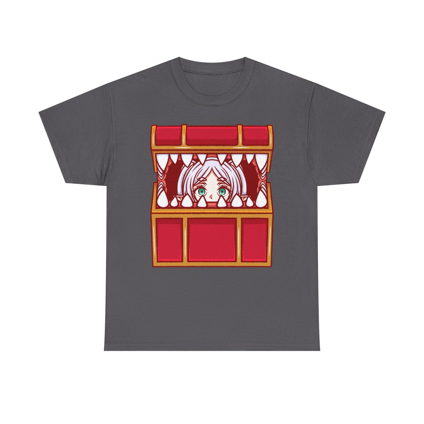 Frieren Mimic t-shirt inspired by Sōsō no Frieren: Beyond Journey’s End, featuring the elf mage protagonist being playfully eaten by a treasure chest mimic in a cute kawaii art style. This unisex anime shirt captures the viral meme loved by fans across the internet. Perfect fantasy anime merch for collectors, otaku enthusiasts, and fans of Frieren who enjoy funny dungeon moments and RPG-inspired designs.