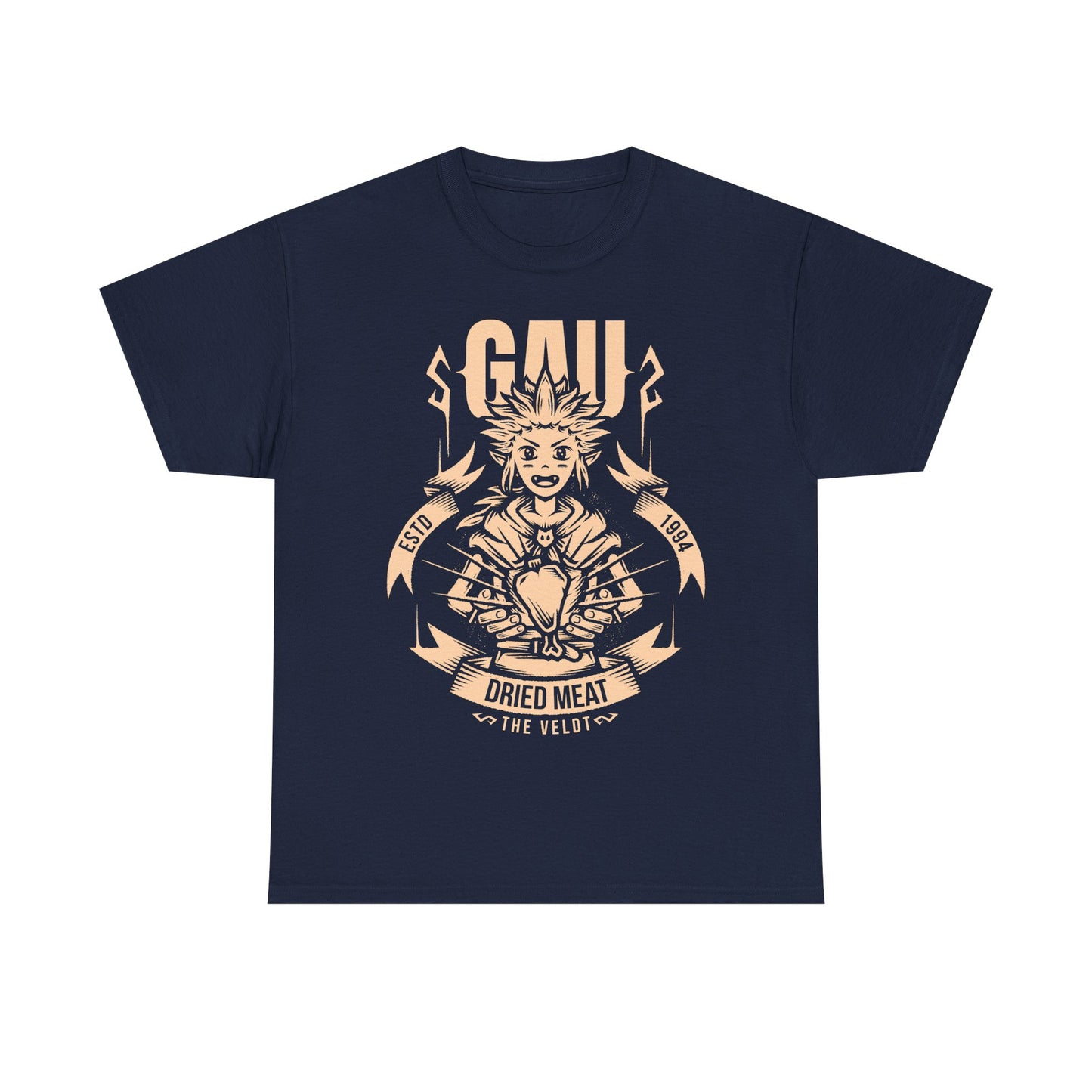 Gau Final Fantasy VI t-shirt featuring the Veldt recruitment scene with Sabin and Cyan using dried meat in the classic FF6 retro RPG. Perfect tee for Final Fantasy 6 gamers who wants unique merch.