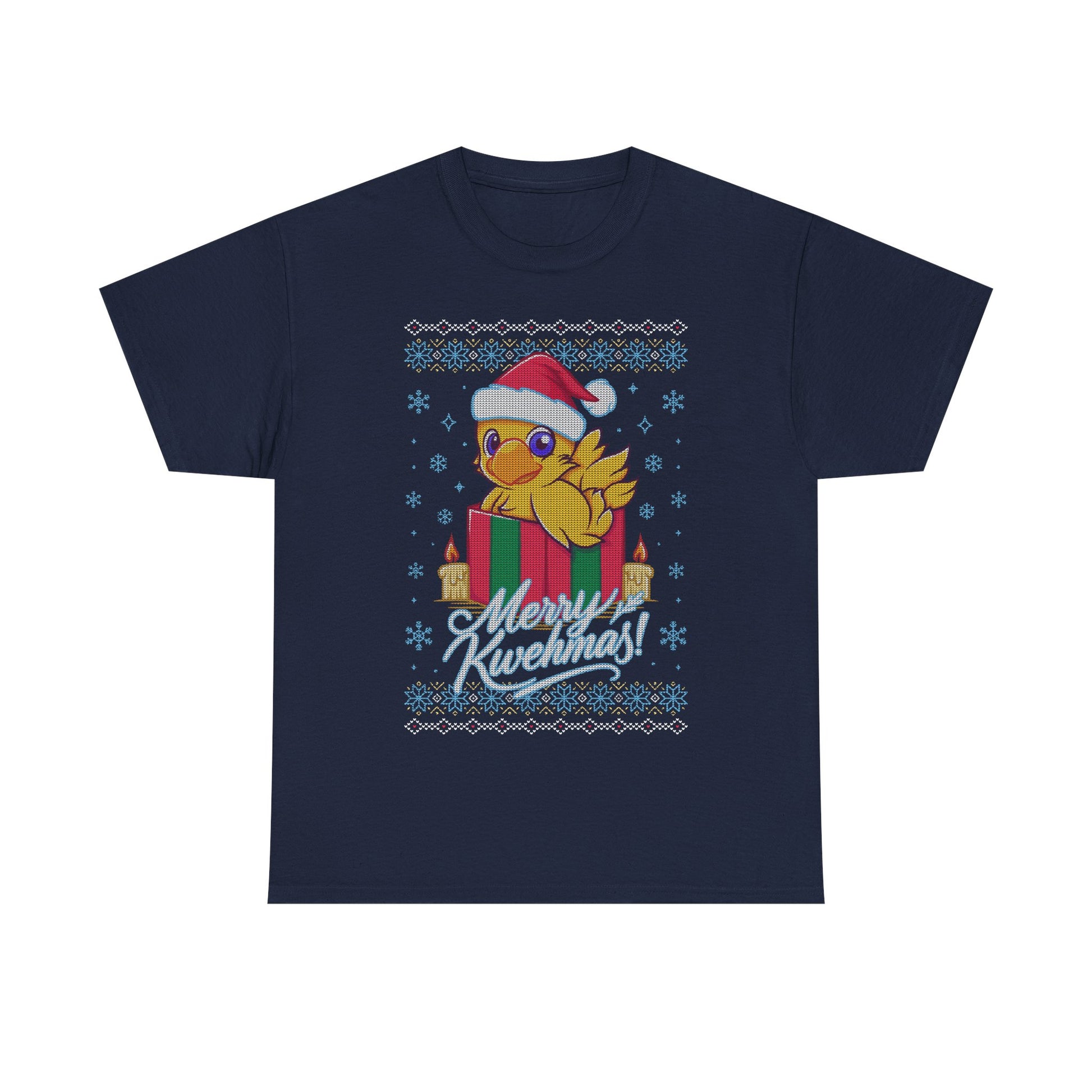 High-quality T-shirt featuring a cute Chocobo from the Final Fantasy series sitting inside a Christmas gift box and wearing a festive Santa hat. The design blends JRPG charm with adorable holiday aesthetics, making it perfect for fans of Chocobos, Christmas gaming apparel, and cute kawaii art. Ideal for gifting, collectors, and gamers who enjoy cozy festive clothing. Soft unisex tee suitable for daily wear during the holiday season. cute chocobo kawaii t-shirt, final fantasy christmas t-shirt
