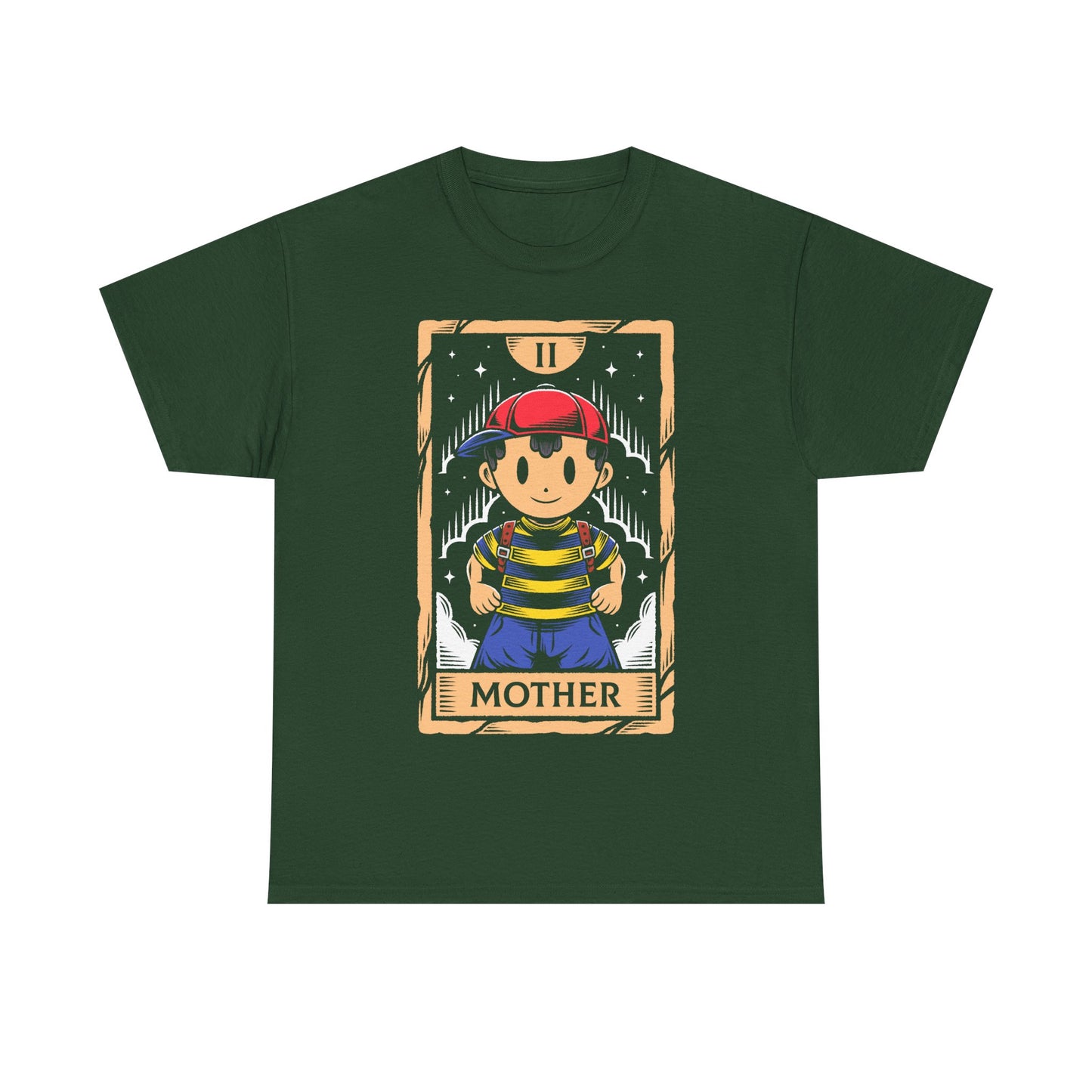 Discover this Ness tarot card t-shirt inspired by EarthBound (Mother 2) video game. A retro RPG design featuring the iconic PSI powered hero in a mystical tarot card illustration. This shirt is perfect retrogamers who love Earthbound game.