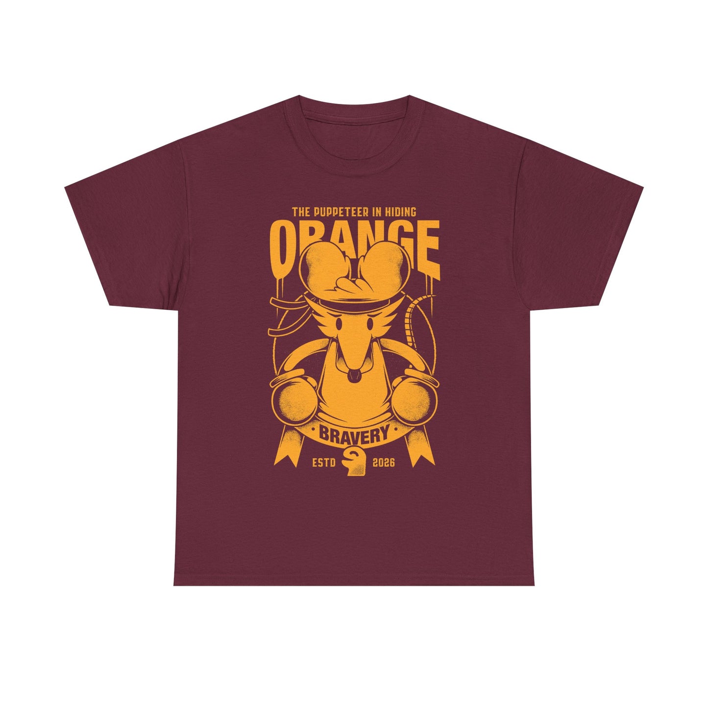 Orange Flower t-shirt inspired by Deltarune Chapter 5 featuring the Bravery SOUL flower with hidden puppeteer references in a vintage emblem style.