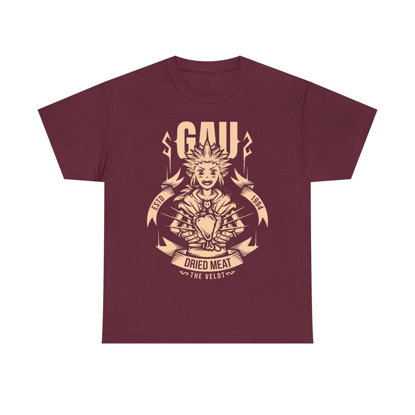 Gau Final Fantasy VI t-shirt featuring the Veldt recruitment scene with Sabin and Cyan using dried meat in the classic FF6 retro RPG. Perfect tee for Final Fantasy 6 gamers who wants unique merch.