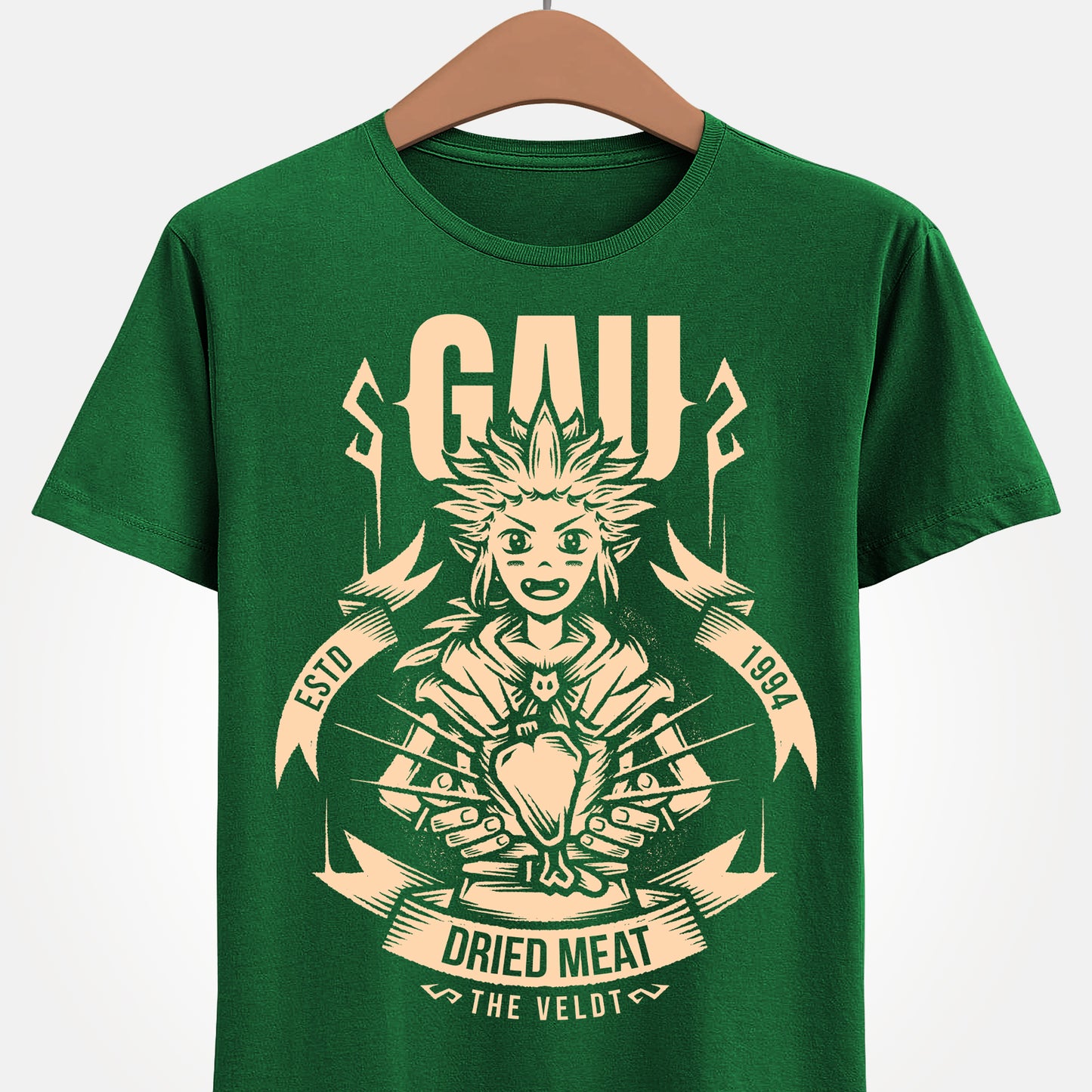 Gau Final Fantasy VI t-shirt featuring the Veldt recruitment scene with Sabin and Cyan using dried meat in the classic FF6 retro RPG. Perfect tee for Final Fantasy 6 gamers who wants unique merch.