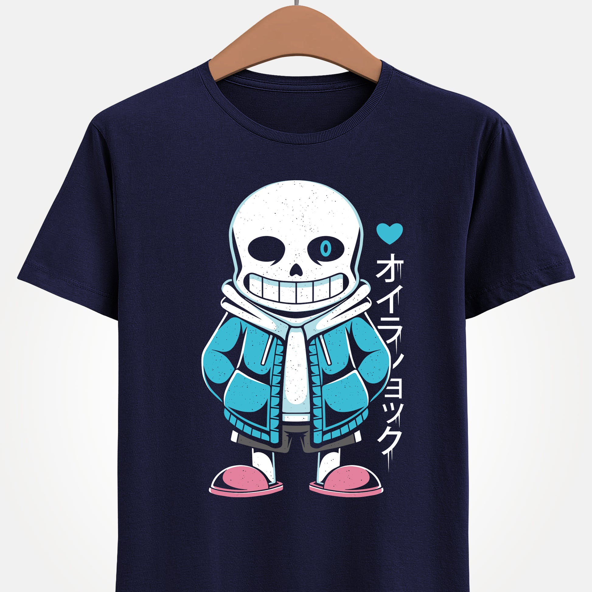 Image of a Sans “Lazy Bones” T-shirt inspired by the indie game Undertale. The design features Sans in a humorous lazy pose, referencing his iconic skeleton character and meme personality. Printed in a bold, cartoon style, this tee is perfect for Undertale fans, gamers, meme lovers and indie game collectors. Ideal gamer apparel for those who enjoy funny gaming shirts, geek fashion and unique Undertale fan art merchandise. sans undertale indie game shirt, sans undertale video game merch, sans undertale tee