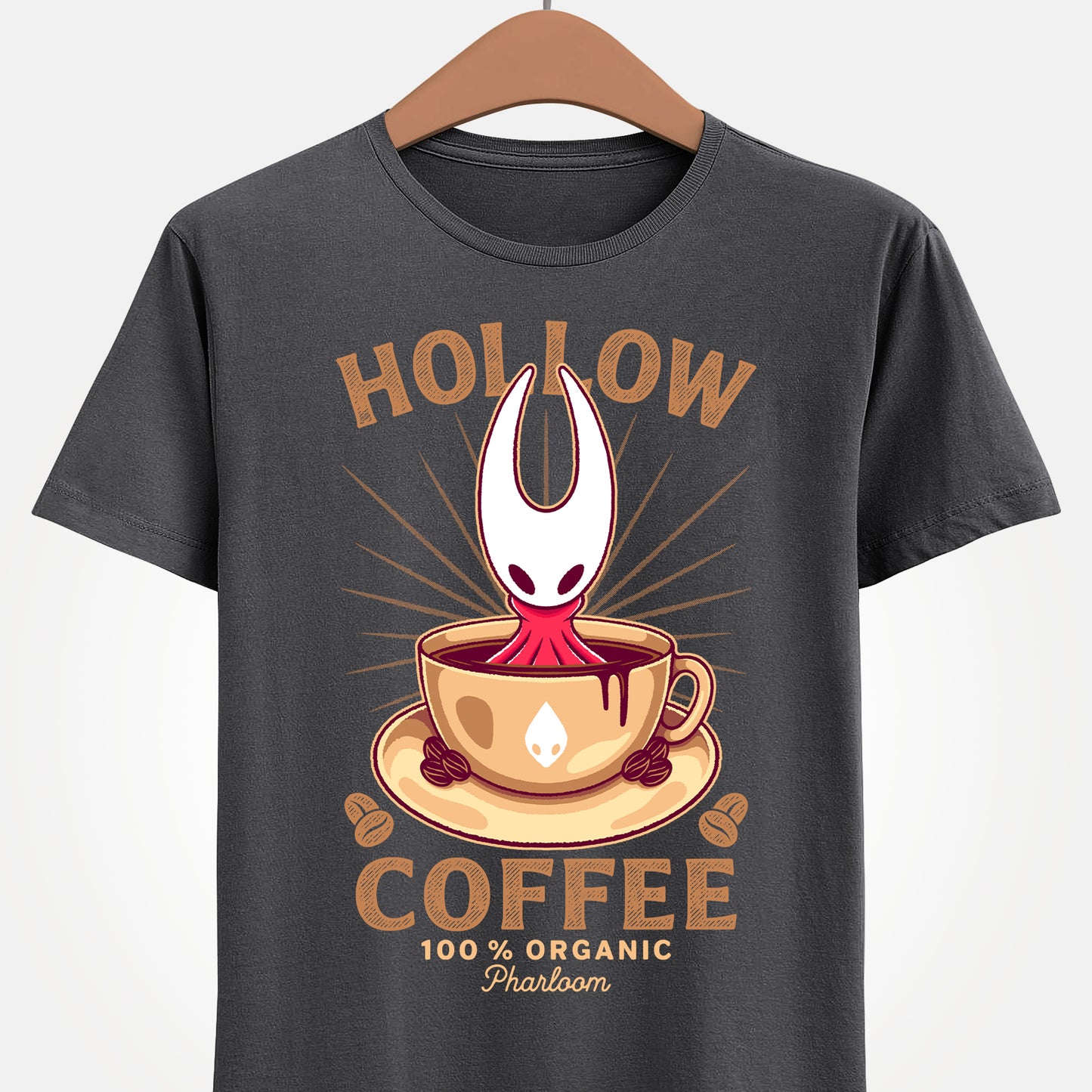 Cute T-shirt featuring Hornet from Hollow Knight Silksong sitting inside a warm coffee mug in a kawaii art style. This cozy design blends indie game aesthetics with coffee-lover vibes, perfect for fans of Hornet, Silksong, and Hollow Knight. The illustration uses soft colors and adorable details to appeal to cute-art lovers, cozy gamers, and collectors looking for unique fan-made merch. Ideal for everyday wear and gamer-themed outfits. hollow knight silksong merch, hollow knight coffee t-shirt