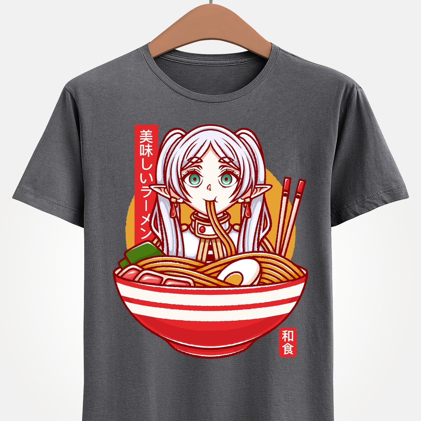 Frieren ramen t-shirt inspired by Sōsō no Frieren: Beyond Journey’s End, featuring the elf mage protagonist inside a stylized Japanese ramen bowl. This unisex anime shirt blends fantasy aesthetics with cozy ramen culture, creating a unique design for fans of the manga and anime series. Perfect anime merch for collectors, otaku enthusiasts, and lovers of Japanese art inspired apparel. Ideal t-shirt for Frieren fans and fantasy anime lovers.