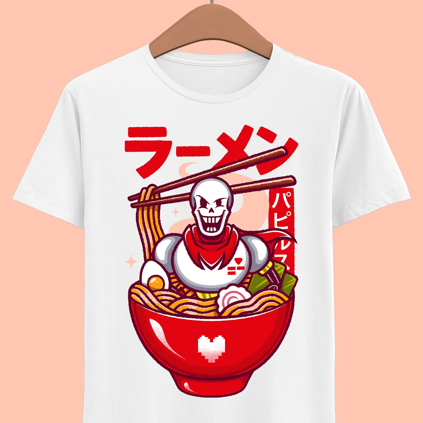 Image of a Papyrus T-shirt inspired by the indie game Undertale, featuring Papyrus sitting inside a Japanese ramen bowl in a cute kawaii art style. The design includes noodles, chopsticks and bright manga-style colors, perfect for fans of Papyrus, Sans, Undyne and the Undertale cast. Ideal for gamers who love Japanese food, ramen-themed apparel, geek culture, and unique Undertale merch with a playful aesthetic. papyrus undertale t-shirt, papyrus undertale video game merch, papyrus undertale tee