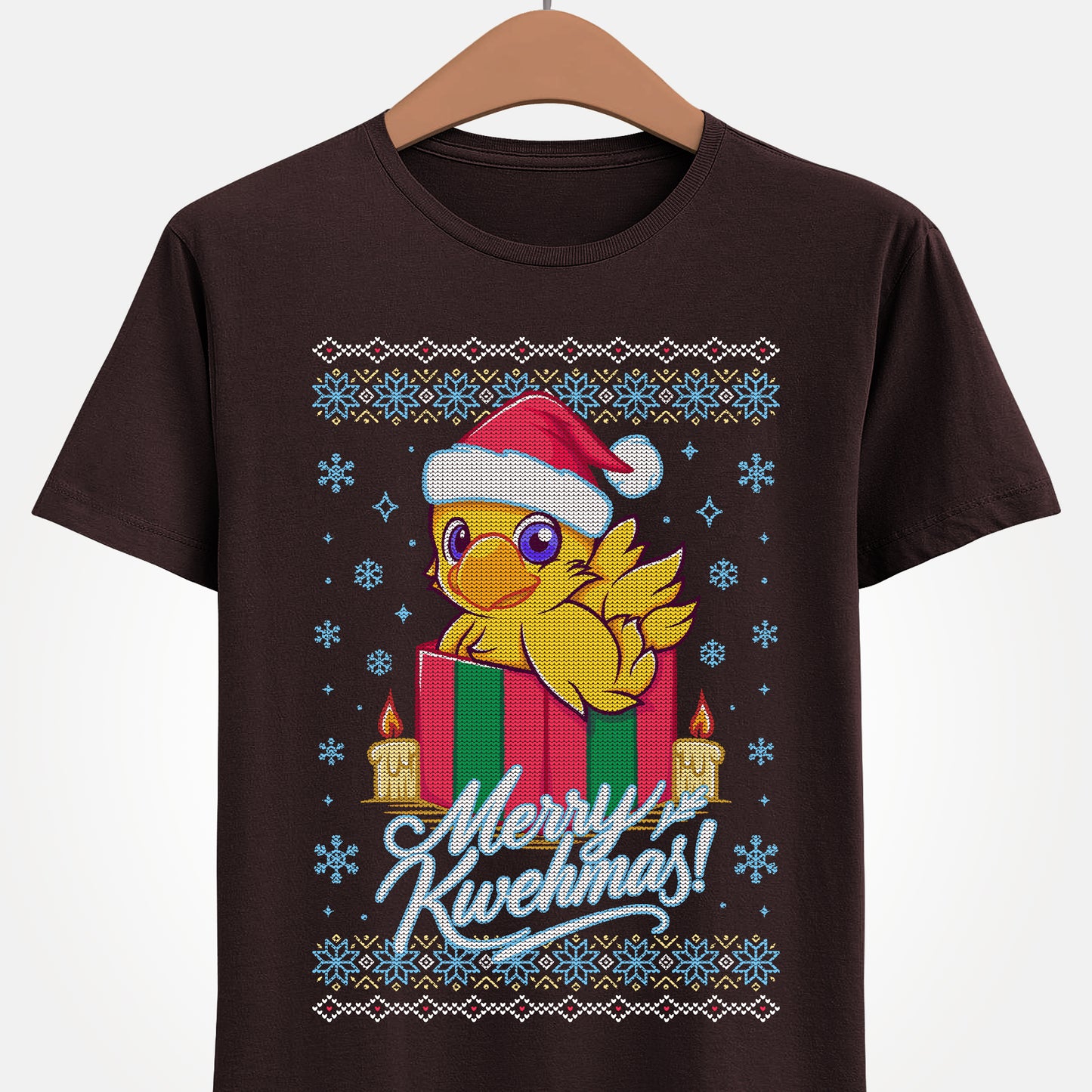 High-quality T-shirt featuring a cute Chocobo from the Final Fantasy series sitting inside a Christmas gift box and wearing a festive Santa hat. The design blends JRPG charm with adorable holiday aesthetics, making it perfect for fans of Chocobos, Christmas gaming apparel, and cute kawaii art. Ideal for gifting, collectors, and gamers who enjoy cozy festive clothing. Soft unisex tee suitable for daily wear during the holiday season. cute chocobo kawaii t-shirt, final fantasy christmas t-shirt