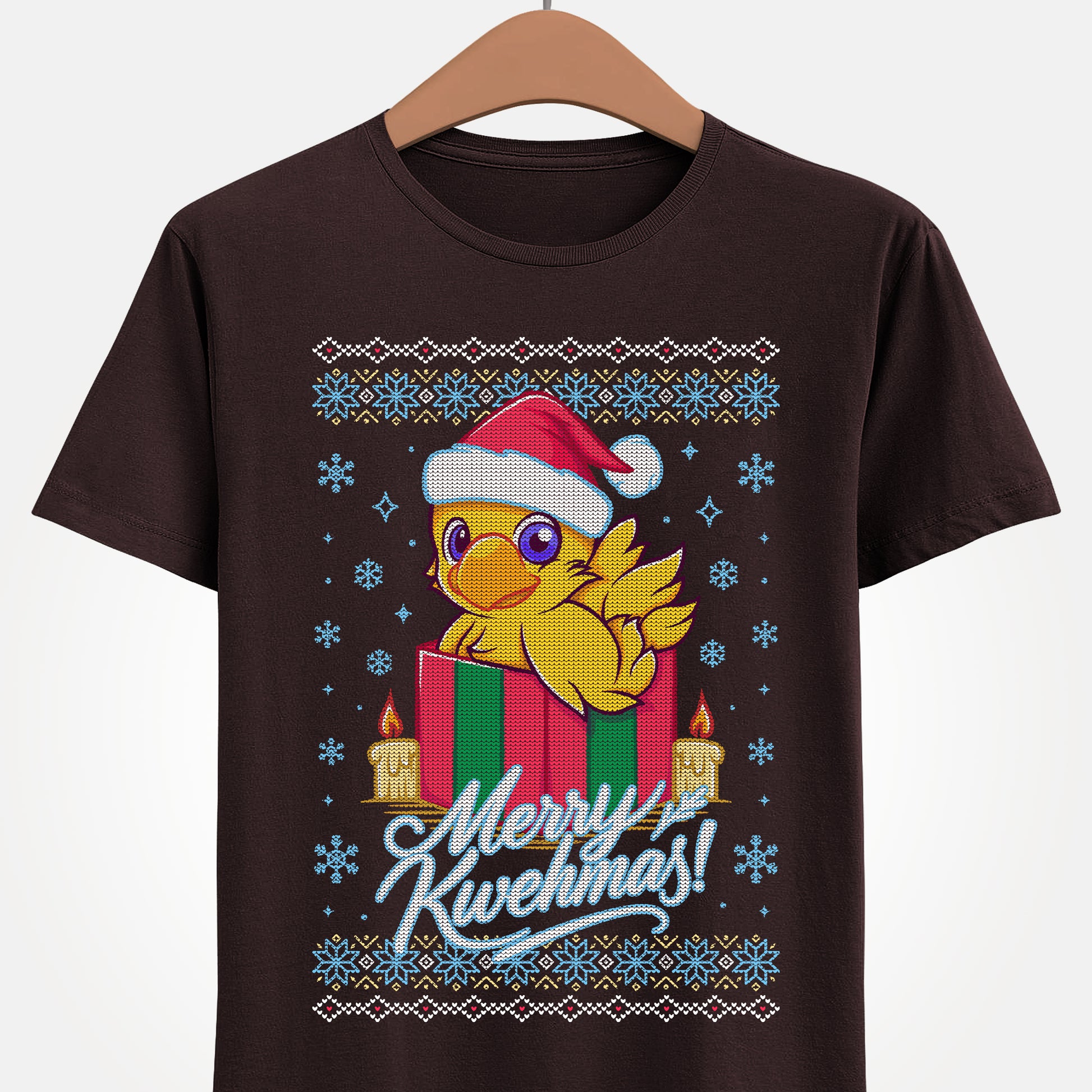 High-quality T-shirt featuring a cute Chocobo from the Final Fantasy series sitting inside a Christmas gift box and wearing a festive Santa hat. The design blends JRPG charm with adorable holiday aesthetics, making it perfect for fans of Chocobos, Christmas gaming apparel, and cute kawaii art. Ideal for gifting, collectors, and gamers who enjoy cozy festive clothing. Soft unisex tee suitable for daily wear during the holiday season. cute chocobo kawaii t-shirt, final fantasy christmas t-shirt