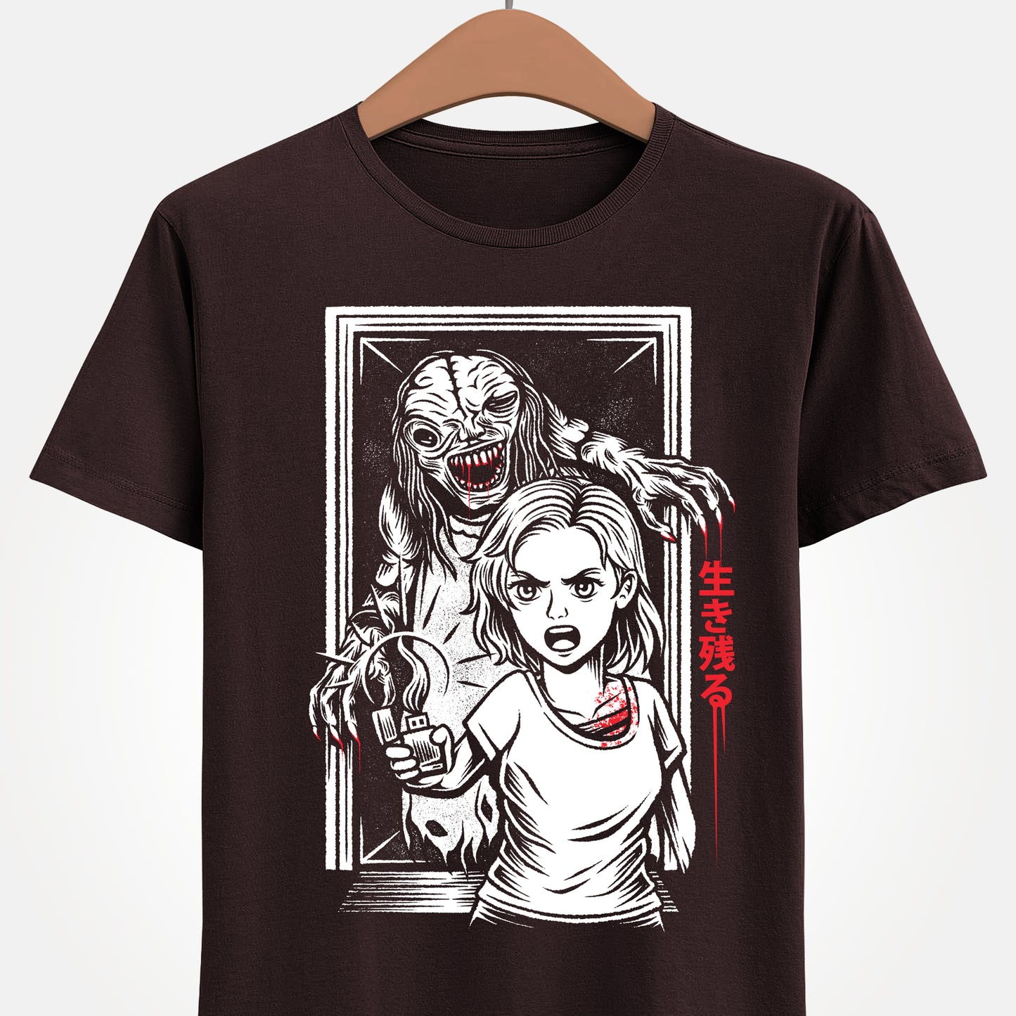 Resident Evil Requiem t-shirt inspired by the survival horror video game also known as Resident Evil 9 or RE9. Featuring protagonist Grace Ashcroft confronting the terrifying boss The Girl, also known as Marie or Subject 170, this design captures the dark atmosphere and psychological horror style of the Resident Evil series. Perfect survival horror gamer merch for fans of Resident Evil, horror video games.