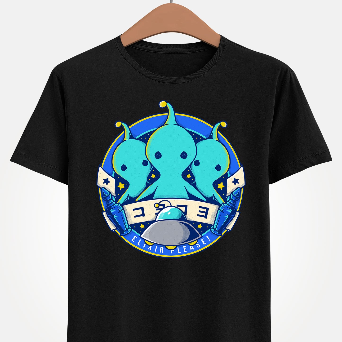 Pupu Final Fantasy T-Shirt featuring the iconic blue alien from FFVIII and FFXIV in a cute kawaii style. High-quality gamer apparel, perfect for JRPG fans, collectors, and retro gaming lovers. Exclusive Pupu alien graphic tee inspired by the UFO encounters in Final Fantasy VIII and Final Fantasy XIV. Unisex video game shirt ideal as a gift for gamers and anime fans. final fantasy viii merch, ffviii merch, ffxiv merch, final fantasy xiv merch, final fantasy viii pupu