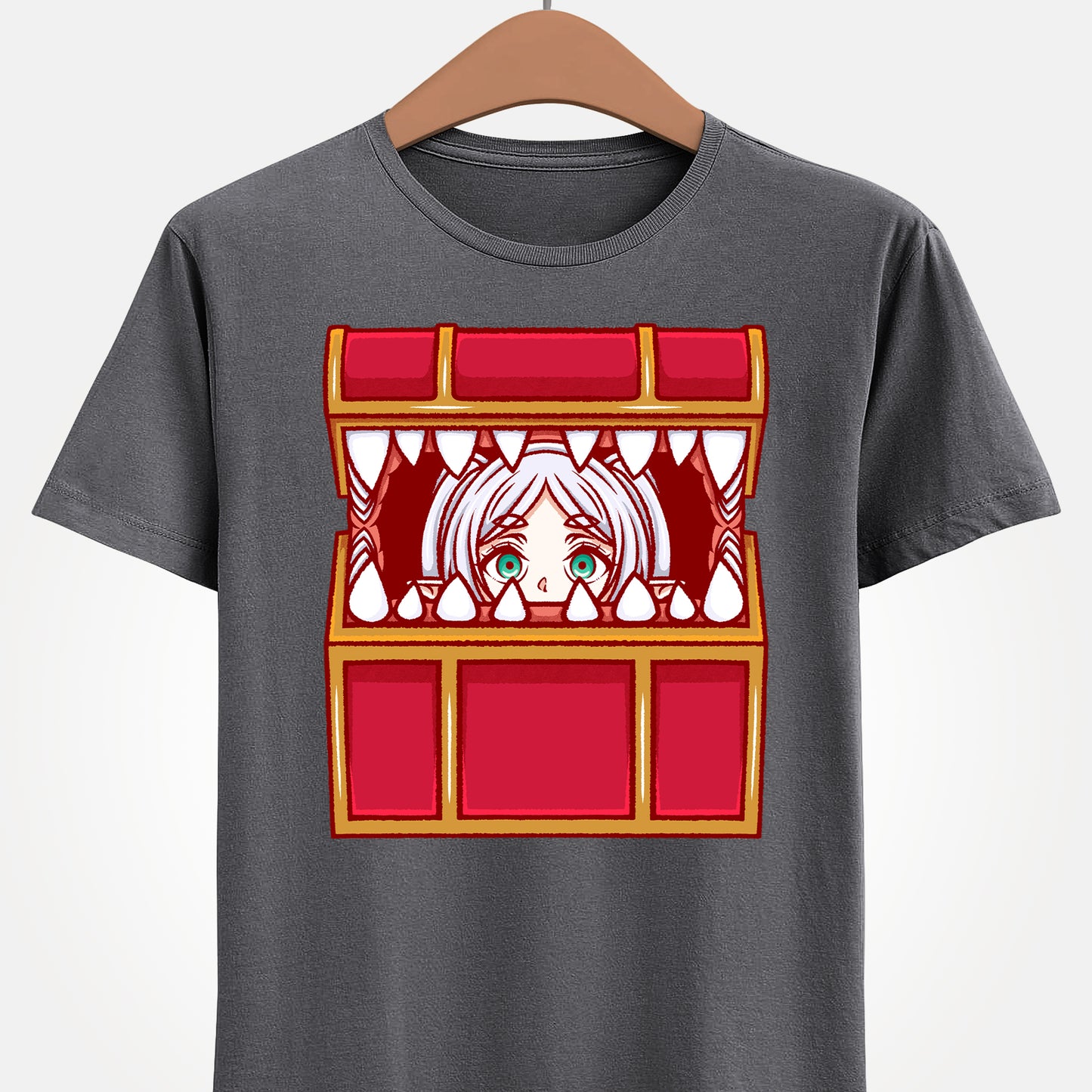 Frieren Mimic t-shirt inspired by Sōsō no Frieren: Beyond Journey’s End, featuring the elf mage protagonist being playfully eaten by a treasure chest mimic in a cute kawaii art style. This unisex anime shirt captures the viral meme loved by fans across the internet. Perfect fantasy anime merch for collectors, otaku enthusiasts, and fans of Frieren who enjoy funny dungeon moments and RPG-inspired designs.