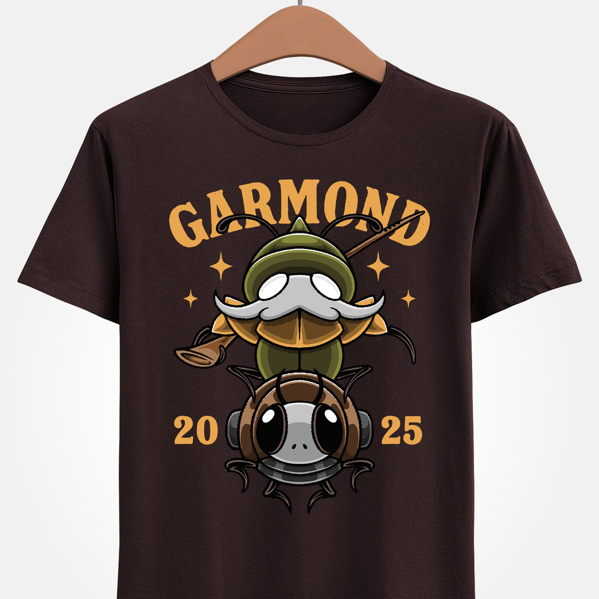 Product image of a Garmond & Zaza T-Shirt inspired by Hollow Knight Silksong. The design features the iconic duo from the indie metroidvania in a detailed, stylish fan-art illustration printed on a high-quality unisex tee. Perfect for gamers, Silksong fans, and collectors of indie game merch. Garmond and Zaza, Hollow Knight Silksong shirt, indie game apparel, metroidvania merch, gamer clothing, Silksong fan art, hollow knight silksong garmond & zaza merch, hollow knight silksong garmond zaza tee