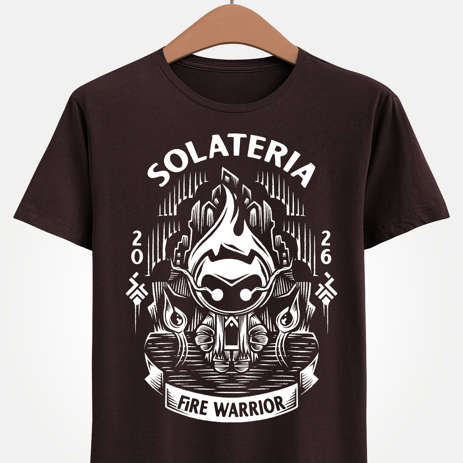 Solateria Fire Warrior t-shirt featuring the protagonist of the indie metroidvania game in a dark fantasy action platformer design.