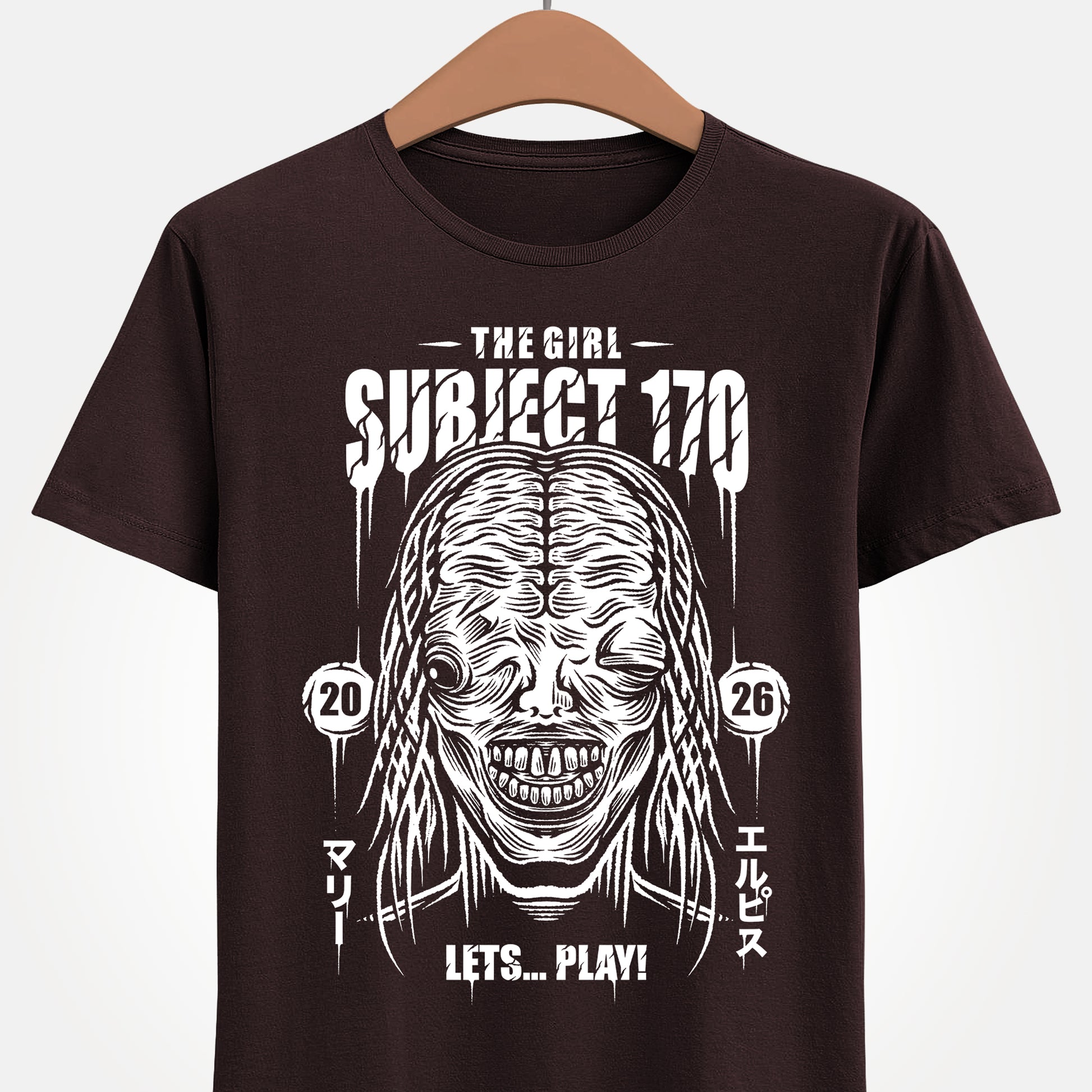 Resident Evil Requiem t-shirt inspired by the survival horror video game also known as Resident Evil 9 or RE9. Featuring the terrifying boss The Girl, also known as Marie or Subject 170, this design captures the dark atmosphere and psychological horror style of the Resident Evil series. Perfect survival horror gamer merch for fans of Resident Evil, survival horror video games. Marie who stalks protagonist Grace Ashcroft is a clone created by Dr. Victor Gideon for Project Elpis born at ARK.