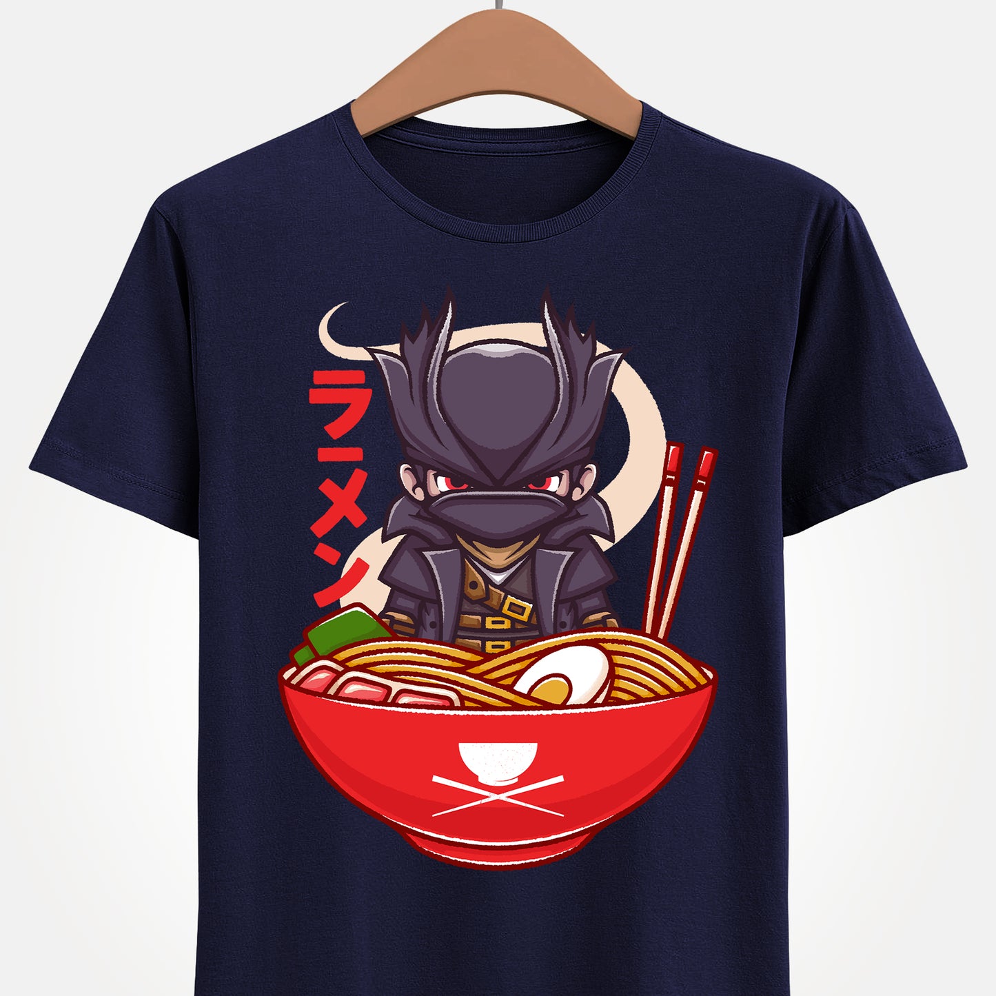 Bloodborne Hunter ramen t-shirt inspired by the gothic action RPG video game Bloodborne. Featuring the iconic Hunter inside a ramen bowl in a dark fantasy art style, this unisex gamer shirt blends Victorian horror aesthetics with playful Japanese food design. Perfect Soulsborne merch for fans of challenging action RPGs, gothic atmospheres, and cult classic PlayStation titles. Gamer shirt inspired by The Hunter main character of Bloodborne video game in a ramen bowl in kawaii art style.
