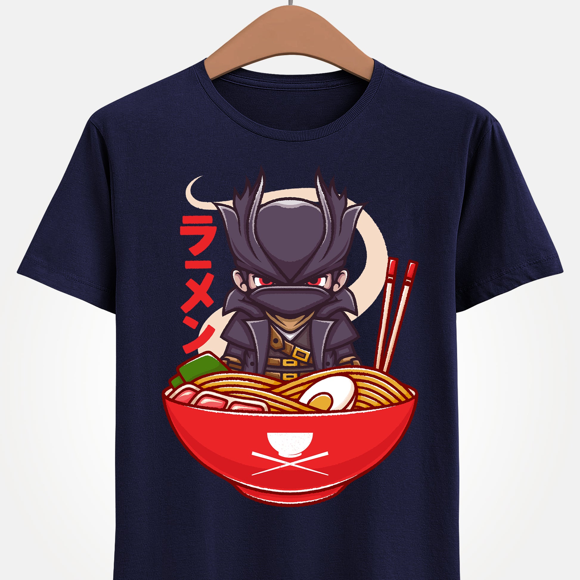 Bloodborne Hunter ramen t-shirt inspired by the gothic action RPG video game Bloodborne. Featuring the iconic Hunter inside a ramen bowl in a dark fantasy art style, this unisex gamer shirt blends Victorian horror aesthetics with playful Japanese food design. Perfect Soulsborne merch for fans of challenging action RPGs, gothic atmospheres, and cult classic PlayStation titles. Gamer shirt inspired by The Hunter main character of Bloodborne video game in a ramen bowl in kawaii art style.