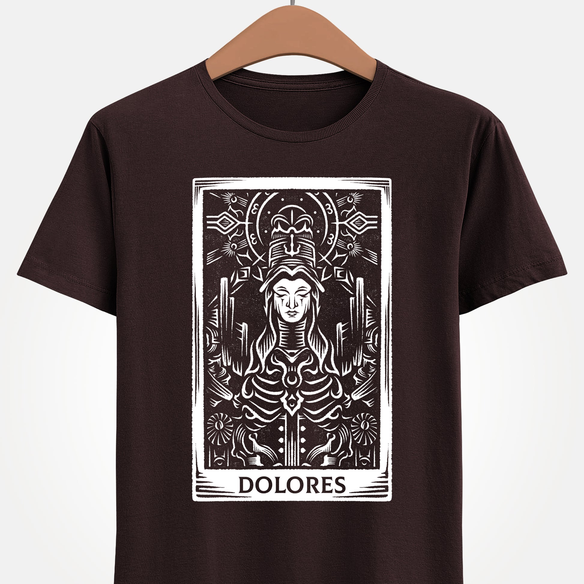 Madre Dolores tarot card t-shirt inspired by Crisol Theater of Idols, gothic horror dark fantasy tarot design featuring the mysterious character in occult tarot card style artwork.