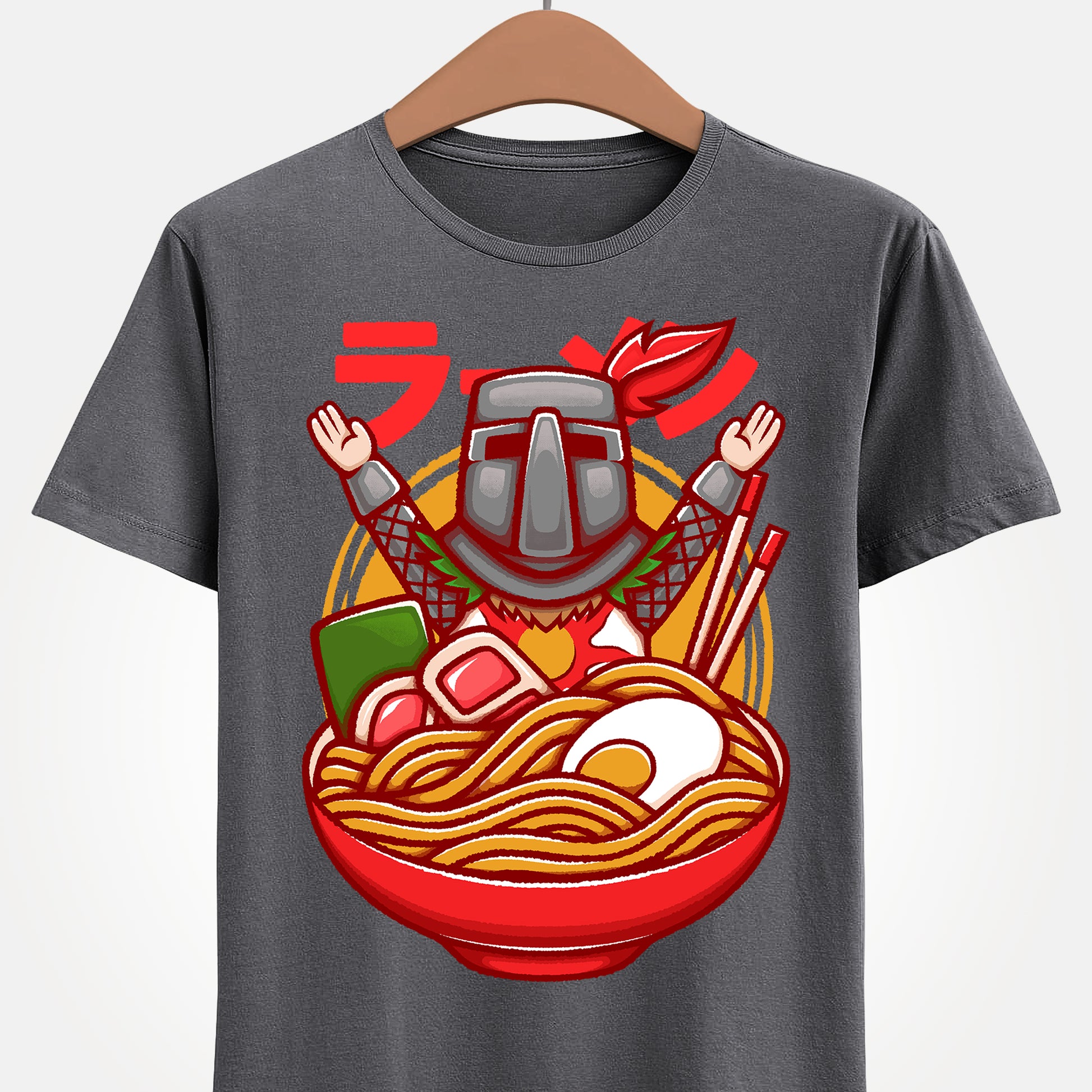 Solaire of Astora ramen t-shirt inspired by Dark Souls, featuring the iconic knight inside a stylized ramen bowl in a fun fantasy art style. This unisex gamer shirt blends action RPG energy with cozy Japanese ramen aesthetics. Perfect for fans of Dark Souls, Dark Souls II, Dark Souls III, Bloodborne, and Elden Ring. Ideal soulslike merch for collectors, FromSoftware fans, and gamers who love unique fantasy designs.