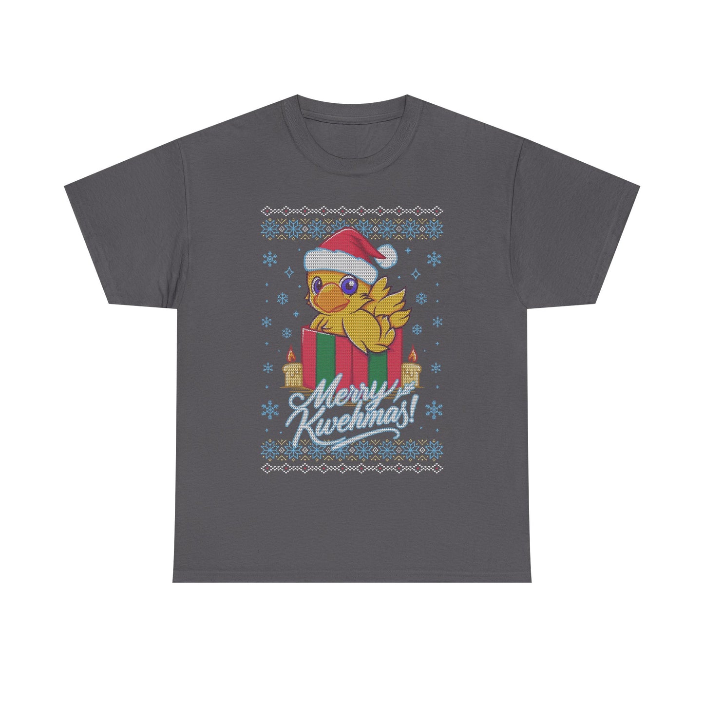 High-quality T-shirt featuring a cute Chocobo from the Final Fantasy series sitting inside a Christmas gift box and wearing a festive Santa hat. The design blends JRPG charm with adorable holiday aesthetics, making it perfect for fans of Chocobos, Christmas gaming apparel, and cute kawaii art. Ideal for gifting, collectors, and gamers who enjoy cozy festive clothing. Soft unisex tee suitable for daily wear during the holiday season. cute chocobo kawaii t-shirt, final fantasy christmas t-shirt