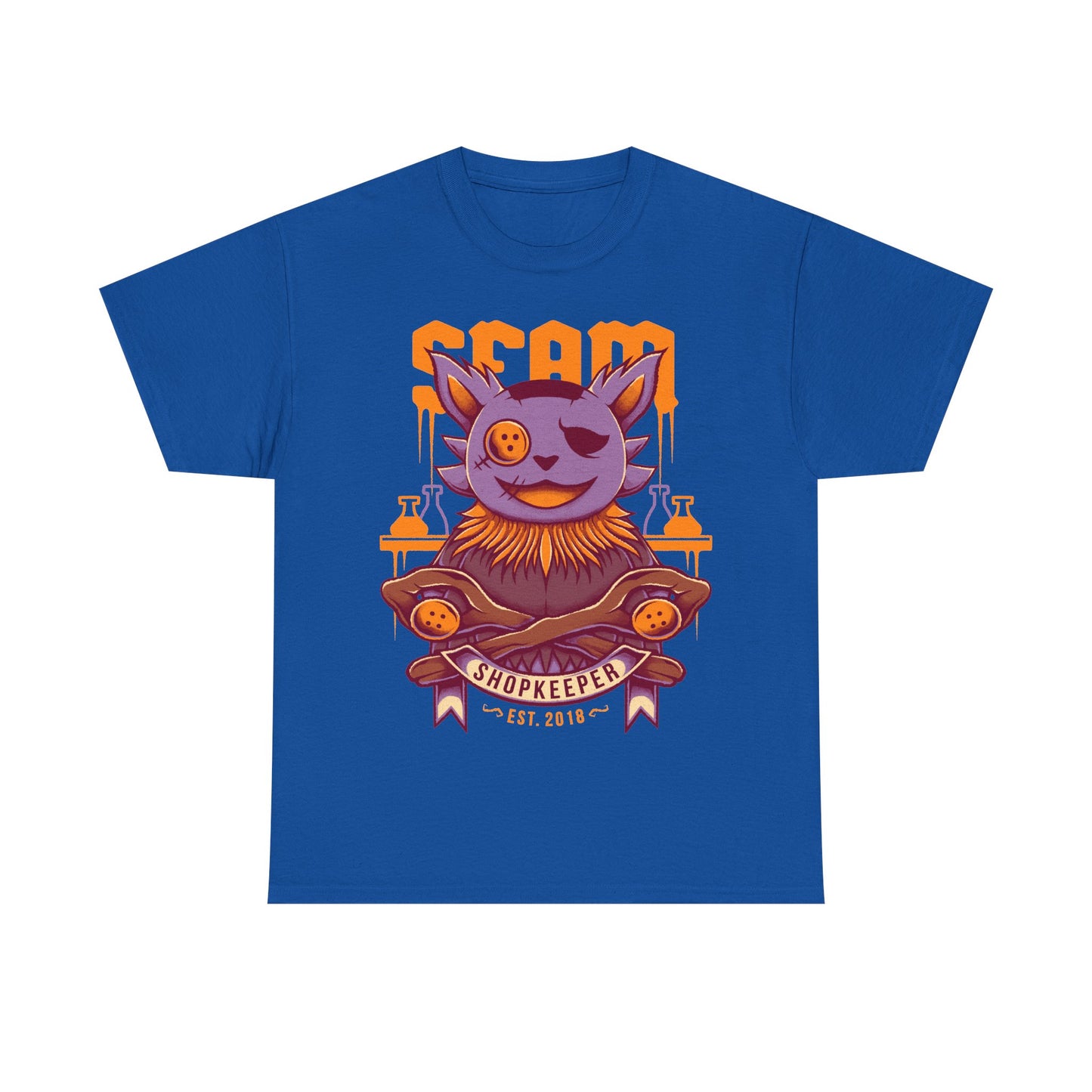 Deltarune Seam Shopkeeper Darkner t-shirt featuring the mysterious purple plush character and former Court Magician from Card Kingdom.