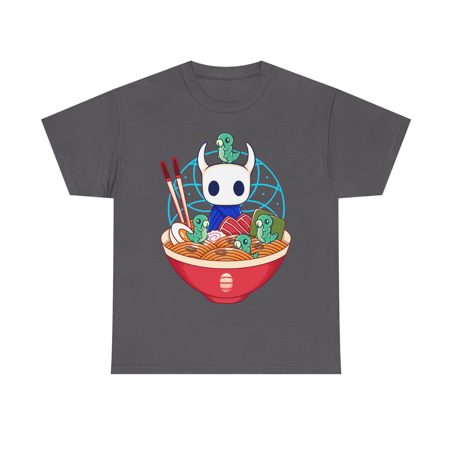 Cute Hollow Knight T-shirt featuring The Knight and adorable Grubs sitting inside a colorful ramen noodle bowl in a kawaii Japanese art style. The design blends food-themed illustration with indie game aesthetics, creating a fun and cozy look perfect for Hollow Knight fans, metroidvania lovers, ramen enthusiasts, and collectors. High-quality print ideal for gamers who enjoy cute cartoon art and unique fan-made apparel. hollow knight the knight ramen t-shirt, hollow knight ramen shirt, ramen tee